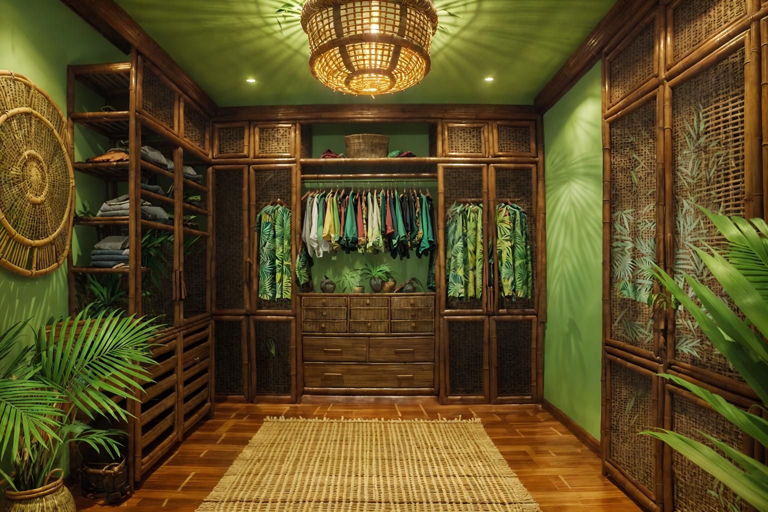 tropical-style (walk in closet interior) . with cane motifs and lattice prints and palm leaves and bamboo and teak and rattan and wicker and palm trees. . cinematic photo, highly detailed, cinematic lighting, ultra-detailed, ultrarealistic, photorealism, 8k. tropical interior design style. masterpiece, cinematic light, ultrarealistic+, photorealistic+, 8k, raw photo, realistic, sharp focus on eyes, (symmetrical eyes), (intact eyes), hyperrealistic, highest quality, best quality, , highly detailed, masterpiece, best quality, extremely detailed 8k wallpaper, masterpiece, best quality, ultra-detailed, best shadow, detailed background, detailed face, detailed eyes, high contrast, best illumination, detailed face, dulux, caustic, dynamic angle, detailed glow. dramatic lighting. highly detailed, insanely detailed hair, symmetrical, intricate details, professionally retouched, 8k high definition. strong bokeh. award winning photo.