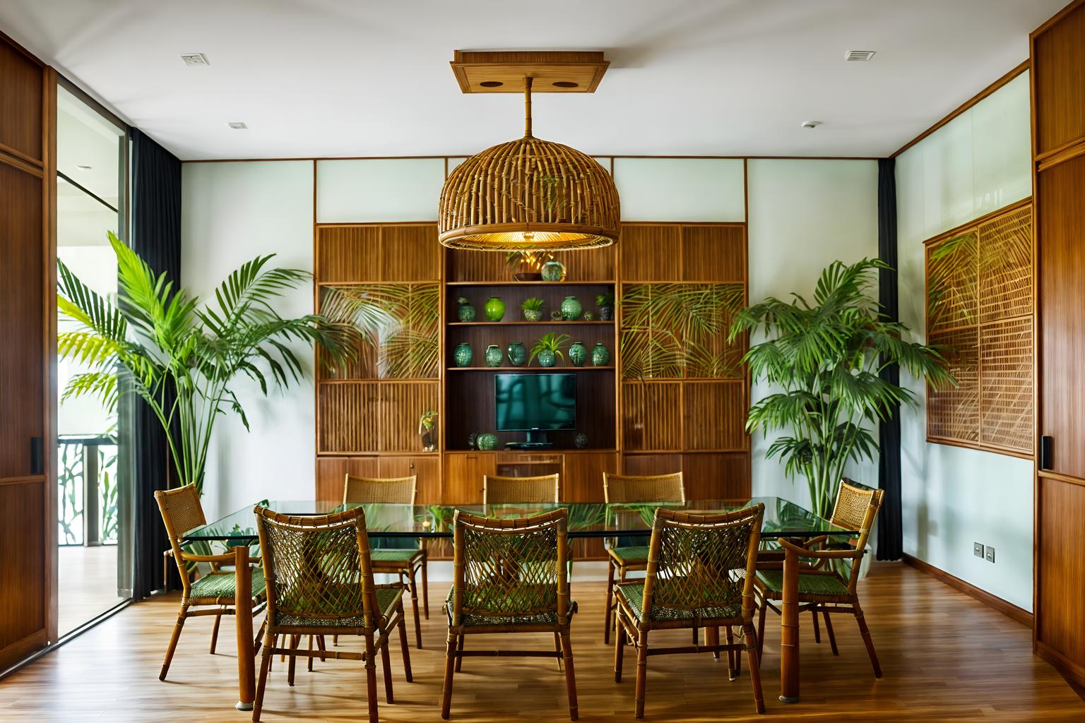 tropical-style (meeting room interior) with office chairs and boardroom table and glass walls and vase and painting or photo on wall and plant and cabinets and glass doors. . with palm leaves and teak and lattice prints and wicker and rattan and cane motifs and palm trees and bamboo. . cinematic photo, highly detailed, cinematic lighting, ultra-detailed, ultrarealistic, photorealism, 8k. tropical interior design style. masterpiece, cinematic light, ultrarealistic+, photorealistic+, 8k, raw photo, realistic, sharp focus on eyes, (symmetrical eyes), (intact eyes), hyperrealistic, highest quality, best quality, , highly detailed, masterpiece, best quality, extremely detailed 8k wallpaper, masterpiece, best quality, ultra-detailed, best shadow, detailed background, detailed face, detailed eyes, high contrast, best illumination, detailed face, dulux, caustic, dynamic angle, detailed glow. dramatic lighting. highly detailed, insanely detailed hair, symmetrical, intricate details, professionally retouched, 8k high definition. strong bokeh. award winning photo.