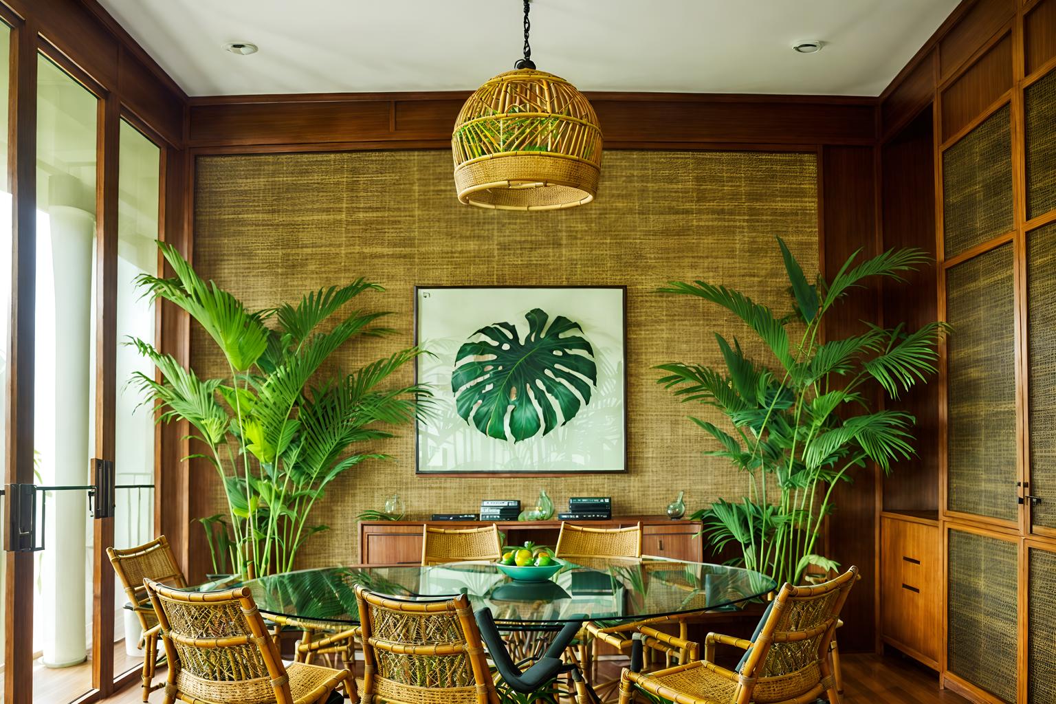 tropical-style (meeting room interior) with office chairs and boardroom table and glass walls and vase and painting or photo on wall and plant and cabinets and glass doors. . with palm leaves and teak and lattice prints and wicker and rattan and cane motifs and palm trees and bamboo. . cinematic photo, highly detailed, cinematic lighting, ultra-detailed, ultrarealistic, photorealism, 8k. tropical interior design style. masterpiece, cinematic light, ultrarealistic+, photorealistic+, 8k, raw photo, realistic, sharp focus on eyes, (symmetrical eyes), (intact eyes), hyperrealistic, highest quality, best quality, , highly detailed, masterpiece, best quality, extremely detailed 8k wallpaper, masterpiece, best quality, ultra-detailed, best shadow, detailed background, detailed face, detailed eyes, high contrast, best illumination, detailed face, dulux, caustic, dynamic angle, detailed glow. dramatic lighting. highly detailed, insanely detailed hair, symmetrical, intricate details, professionally retouched, 8k high definition. strong bokeh. award winning photo.