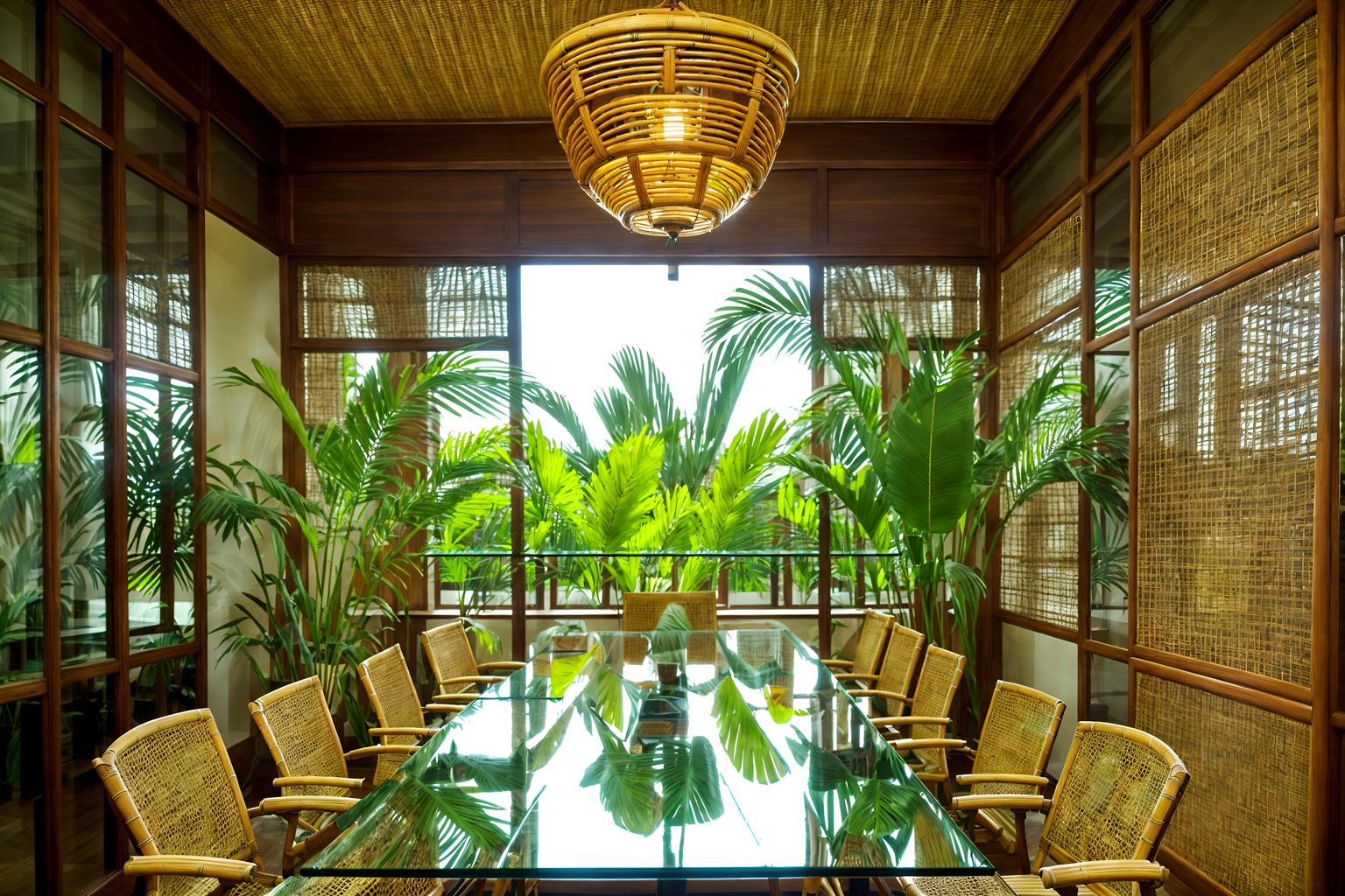 tropical-style (meeting room interior) with office chairs and boardroom table and glass walls and vase and painting or photo on wall and plant and cabinets and glass doors. . with palm leaves and teak and lattice prints and wicker and rattan and cane motifs and palm trees and bamboo. . cinematic photo, highly detailed, cinematic lighting, ultra-detailed, ultrarealistic, photorealism, 8k. tropical interior design style. masterpiece, cinematic light, ultrarealistic+, photorealistic+, 8k, raw photo, realistic, sharp focus on eyes, (symmetrical eyes), (intact eyes), hyperrealistic, highest quality, best quality, , highly detailed, masterpiece, best quality, extremely detailed 8k wallpaper, masterpiece, best quality, ultra-detailed, best shadow, detailed background, detailed face, detailed eyes, high contrast, best illumination, detailed face, dulux, caustic, dynamic angle, detailed glow. dramatic lighting. highly detailed, insanely detailed hair, symmetrical, intricate details, professionally retouched, 8k high definition. strong bokeh. award winning photo.