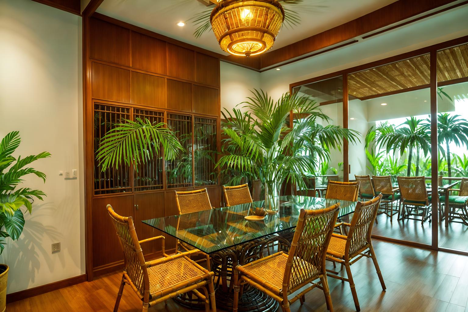 tropical-style (meeting room interior) with office chairs and boardroom table and glass walls and vase and painting or photo on wall and plant and cabinets and glass doors. . with palm leaves and teak and lattice prints and wicker and rattan and cane motifs and palm trees and bamboo. . cinematic photo, highly detailed, cinematic lighting, ultra-detailed, ultrarealistic, photorealism, 8k. tropical interior design style. masterpiece, cinematic light, ultrarealistic+, photorealistic+, 8k, raw photo, realistic, sharp focus on eyes, (symmetrical eyes), (intact eyes), hyperrealistic, highest quality, best quality, , highly detailed, masterpiece, best quality, extremely detailed 8k wallpaper, masterpiece, best quality, ultra-detailed, best shadow, detailed background, detailed face, detailed eyes, high contrast, best illumination, detailed face, dulux, caustic, dynamic angle, detailed glow. dramatic lighting. highly detailed, insanely detailed hair, symmetrical, intricate details, professionally retouched, 8k high definition. strong bokeh. award winning photo.