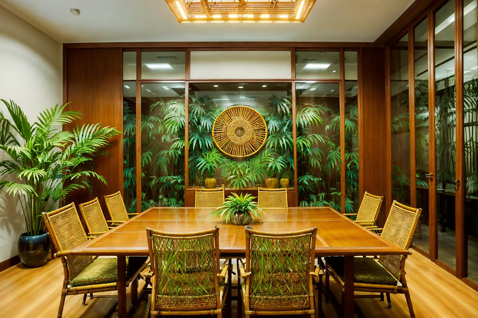 tropical-style (meeting room interior) with office chairs and boardroom table and glass walls and vase and painting or photo on wall and plant and cabinets and glass doors. . with palm leaves and teak and lattice prints and wicker and rattan and cane motifs and palm trees and bamboo. . cinematic photo, highly detailed, cinematic lighting, ultra-detailed, ultrarealistic, photorealism, 8k. tropical interior design style. masterpiece, cinematic light, ultrarealistic+, photorealistic+, 8k, raw photo, realistic, sharp focus on eyes, (symmetrical eyes), (intact eyes), hyperrealistic, highest quality, best quality, , highly detailed, masterpiece, best quality, extremely detailed 8k wallpaper, masterpiece, best quality, ultra-detailed, best shadow, detailed background, detailed face, detailed eyes, high contrast, best illumination, detailed face, dulux, caustic, dynamic angle, detailed glow. dramatic lighting. highly detailed, insanely detailed hair, symmetrical, intricate details, professionally retouched, 8k high definition. strong bokeh. award winning photo.