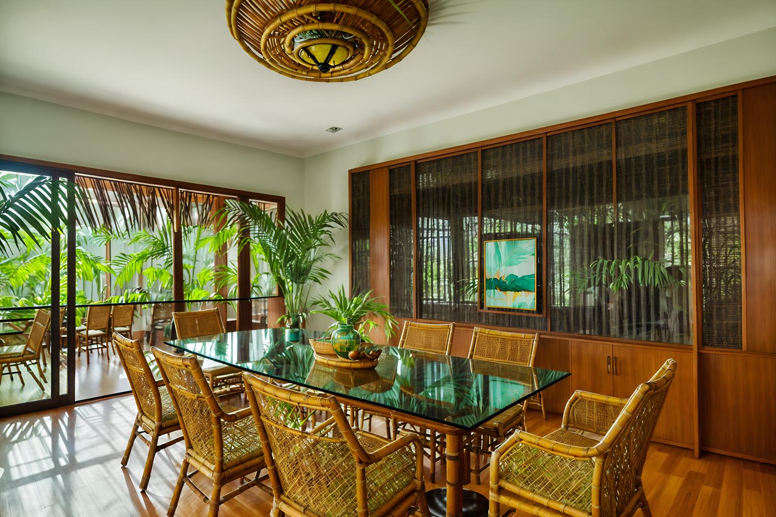 tropical-style (meeting room interior) with office chairs and boardroom table and glass walls and vase and painting or photo on wall and plant and cabinets and glass doors. . with palm leaves and teak and lattice prints and wicker and rattan and cane motifs and palm trees and bamboo. . cinematic photo, highly detailed, cinematic lighting, ultra-detailed, ultrarealistic, photorealism, 8k. tropical interior design style. masterpiece, cinematic light, ultrarealistic+, photorealistic+, 8k, raw photo, realistic, sharp focus on eyes, (symmetrical eyes), (intact eyes), hyperrealistic, highest quality, best quality, , highly detailed, masterpiece, best quality, extremely detailed 8k wallpaper, masterpiece, best quality, ultra-detailed, best shadow, detailed background, detailed face, detailed eyes, high contrast, best illumination, detailed face, dulux, caustic, dynamic angle, detailed glow. dramatic lighting. highly detailed, insanely detailed hair, symmetrical, intricate details, professionally retouched, 8k high definition. strong bokeh. award winning photo.