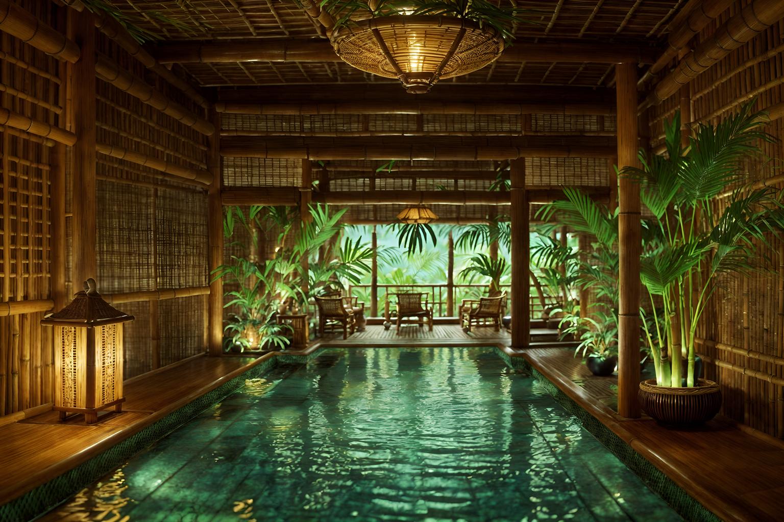 tropical-style (onsen interior) . with palm leaves and bamboo and rattan and lattice prints and cane motifs and wicker and teak and palm trees. . cinematic photo, highly detailed, cinematic lighting, ultra-detailed, ultrarealistic, photorealism, 8k. tropical interior design style. masterpiece, cinematic light, ultrarealistic+, photorealistic+, 8k, raw photo, realistic, sharp focus on eyes, (symmetrical eyes), (intact eyes), hyperrealistic, highest quality, best quality, , highly detailed, masterpiece, best quality, extremely detailed 8k wallpaper, masterpiece, best quality, ultra-detailed, best shadow, detailed background, detailed face, detailed eyes, high contrast, best illumination, detailed face, dulux, caustic, dynamic angle, detailed glow. dramatic lighting. highly detailed, insanely detailed hair, symmetrical, intricate details, professionally retouched, 8k high definition. strong bokeh. award winning photo.