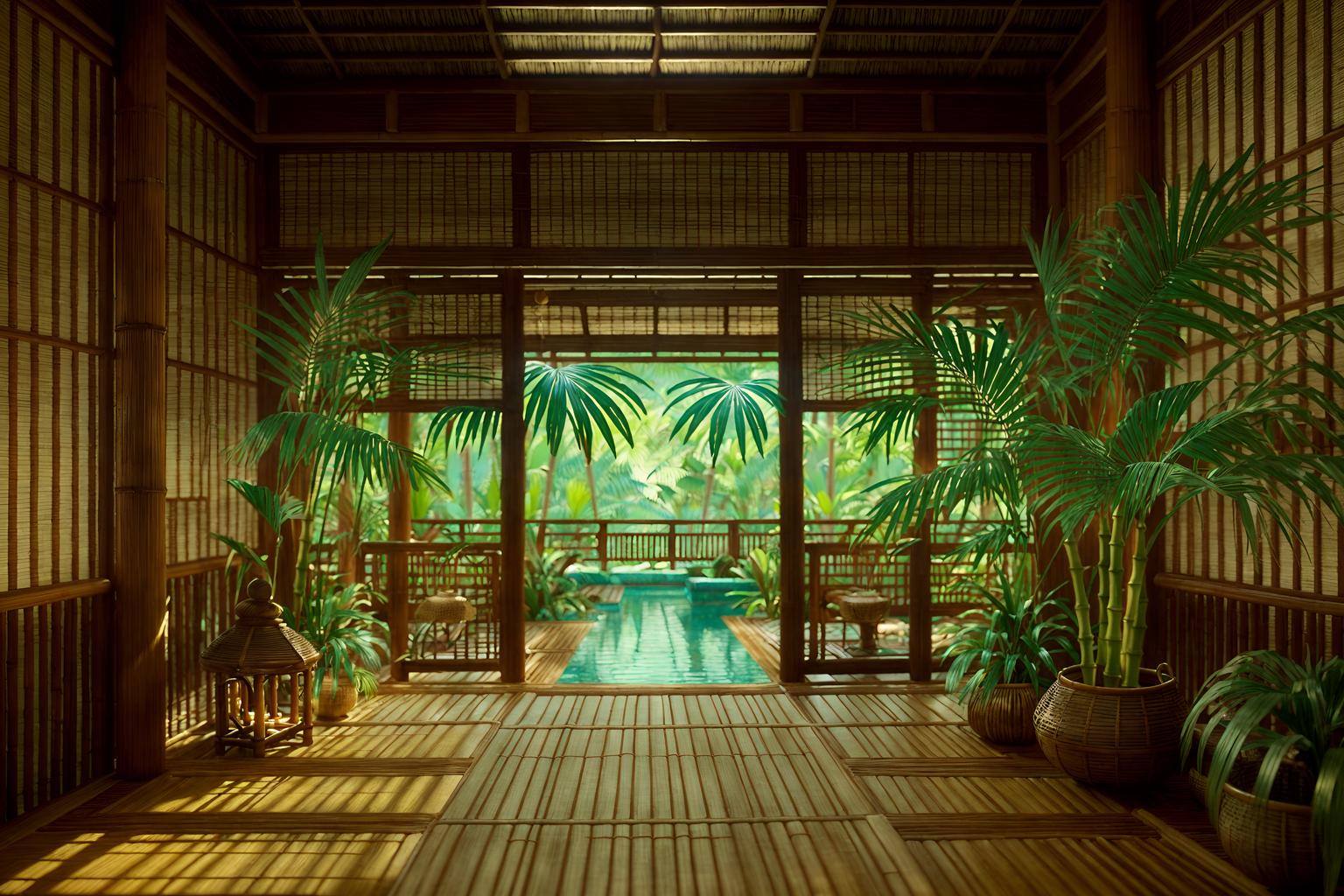 tropical-style (onsen interior) . with palm leaves and bamboo and rattan and lattice prints and cane motifs and wicker and teak and palm trees. . cinematic photo, highly detailed, cinematic lighting, ultra-detailed, ultrarealistic, photorealism, 8k. tropical interior design style. masterpiece, cinematic light, ultrarealistic+, photorealistic+, 8k, raw photo, realistic, sharp focus on eyes, (symmetrical eyes), (intact eyes), hyperrealistic, highest quality, best quality, , highly detailed, masterpiece, best quality, extremely detailed 8k wallpaper, masterpiece, best quality, ultra-detailed, best shadow, detailed background, detailed face, detailed eyes, high contrast, best illumination, detailed face, dulux, caustic, dynamic angle, detailed glow. dramatic lighting. highly detailed, insanely detailed hair, symmetrical, intricate details, professionally retouched, 8k high definition. strong bokeh. award winning photo.