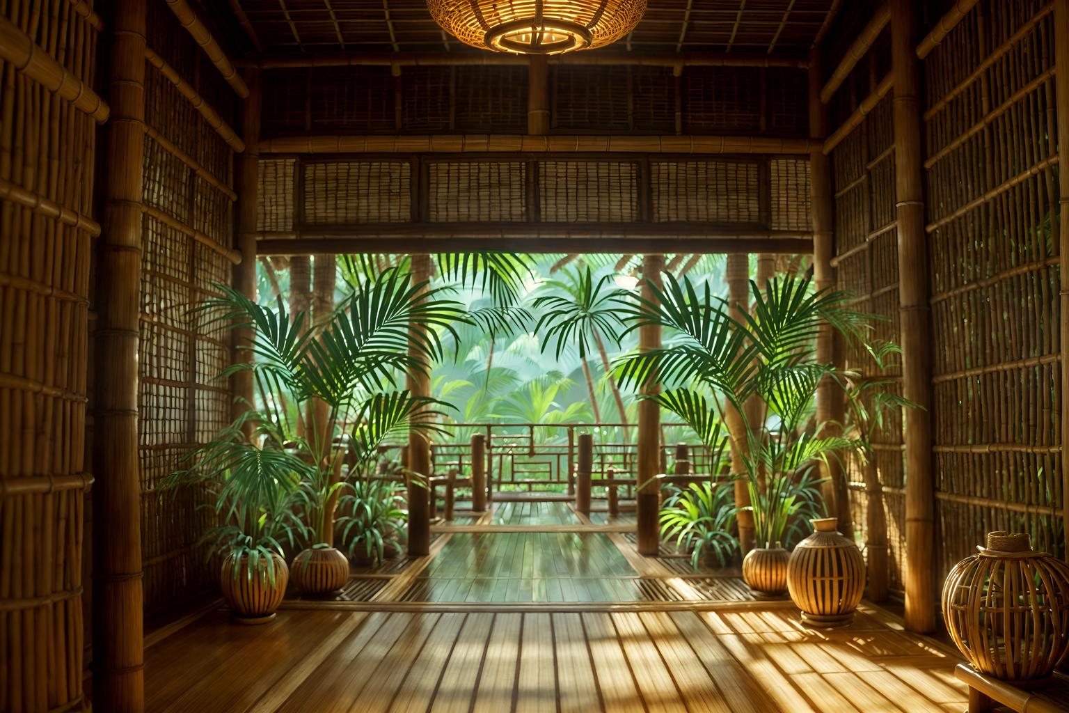 tropical-style (onsen interior) . with palm leaves and bamboo and rattan and lattice prints and cane motifs and wicker and teak and palm trees. . cinematic photo, highly detailed, cinematic lighting, ultra-detailed, ultrarealistic, photorealism, 8k. tropical interior design style. masterpiece, cinematic light, ultrarealistic+, photorealistic+, 8k, raw photo, realistic, sharp focus on eyes, (symmetrical eyes), (intact eyes), hyperrealistic, highest quality, best quality, , highly detailed, masterpiece, best quality, extremely detailed 8k wallpaper, masterpiece, best quality, ultra-detailed, best shadow, detailed background, detailed face, detailed eyes, high contrast, best illumination, detailed face, dulux, caustic, dynamic angle, detailed glow. dramatic lighting. highly detailed, insanely detailed hair, symmetrical, intricate details, professionally retouched, 8k high definition. strong bokeh. award winning photo.