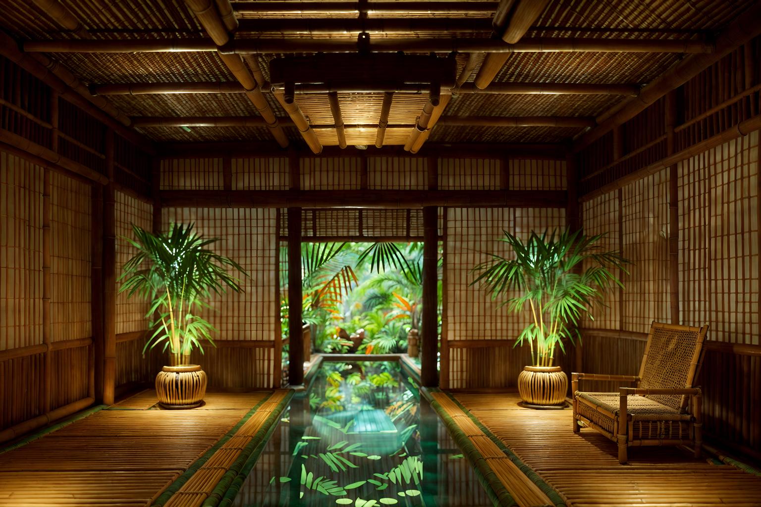 tropical-style (onsen interior) . with palm leaves and bamboo and rattan and lattice prints and cane motifs and wicker and teak and palm trees. . cinematic photo, highly detailed, cinematic lighting, ultra-detailed, ultrarealistic, photorealism, 8k. tropical interior design style. masterpiece, cinematic light, ultrarealistic+, photorealistic+, 8k, raw photo, realistic, sharp focus on eyes, (symmetrical eyes), (intact eyes), hyperrealistic, highest quality, best quality, , highly detailed, masterpiece, best quality, extremely detailed 8k wallpaper, masterpiece, best quality, ultra-detailed, best shadow, detailed background, detailed face, detailed eyes, high contrast, best illumination, detailed face, dulux, caustic, dynamic angle, detailed glow. dramatic lighting. highly detailed, insanely detailed hair, symmetrical, intricate details, professionally retouched, 8k high definition. strong bokeh. award winning photo.