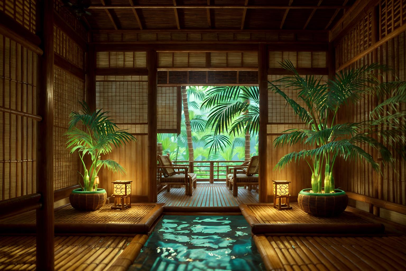 tropical-style (onsen interior) . with palm leaves and bamboo and rattan and lattice prints and cane motifs and wicker and teak and palm trees. . cinematic photo, highly detailed, cinematic lighting, ultra-detailed, ultrarealistic, photorealism, 8k. tropical interior design style. masterpiece, cinematic light, ultrarealistic+, photorealistic+, 8k, raw photo, realistic, sharp focus on eyes, (symmetrical eyes), (intact eyes), hyperrealistic, highest quality, best quality, , highly detailed, masterpiece, best quality, extremely detailed 8k wallpaper, masterpiece, best quality, ultra-detailed, best shadow, detailed background, detailed face, detailed eyes, high contrast, best illumination, detailed face, dulux, caustic, dynamic angle, detailed glow. dramatic lighting. highly detailed, insanely detailed hair, symmetrical, intricate details, professionally retouched, 8k high definition. strong bokeh. award winning photo.