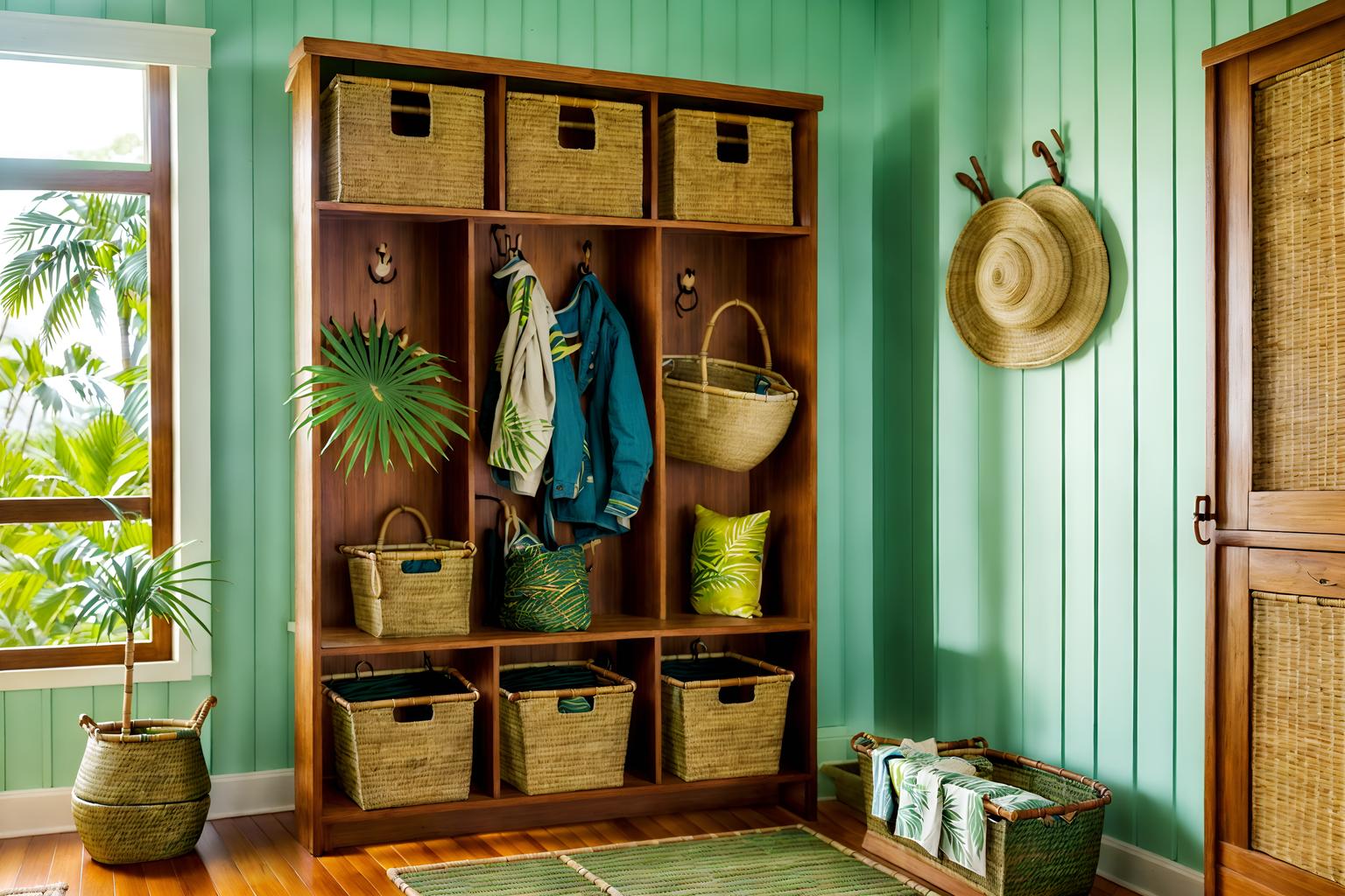 tropical-style (mudroom interior) with storage baskets and wall hooks for coats and shelves for shoes and a bench and high up storage and cabinets and storage drawers and cubbies. . with rattan and teak and palm trees and wicker and bamboo and cane motifs and lattice prints and palm leaves. . cinematic photo, highly detailed, cinematic lighting, ultra-detailed, ultrarealistic, photorealism, 8k. tropical interior design style. masterpiece, cinematic light, ultrarealistic+, photorealistic+, 8k, raw photo, realistic, sharp focus on eyes, (symmetrical eyes), (intact eyes), hyperrealistic, highest quality, best quality, , highly detailed, masterpiece, best quality, extremely detailed 8k wallpaper, masterpiece, best quality, ultra-detailed, best shadow, detailed background, detailed face, detailed eyes, high contrast, best illumination, detailed face, dulux, caustic, dynamic angle, detailed glow. dramatic lighting. highly detailed, insanely detailed hair, symmetrical, intricate details, professionally retouched, 8k high definition. strong bokeh. award winning photo.