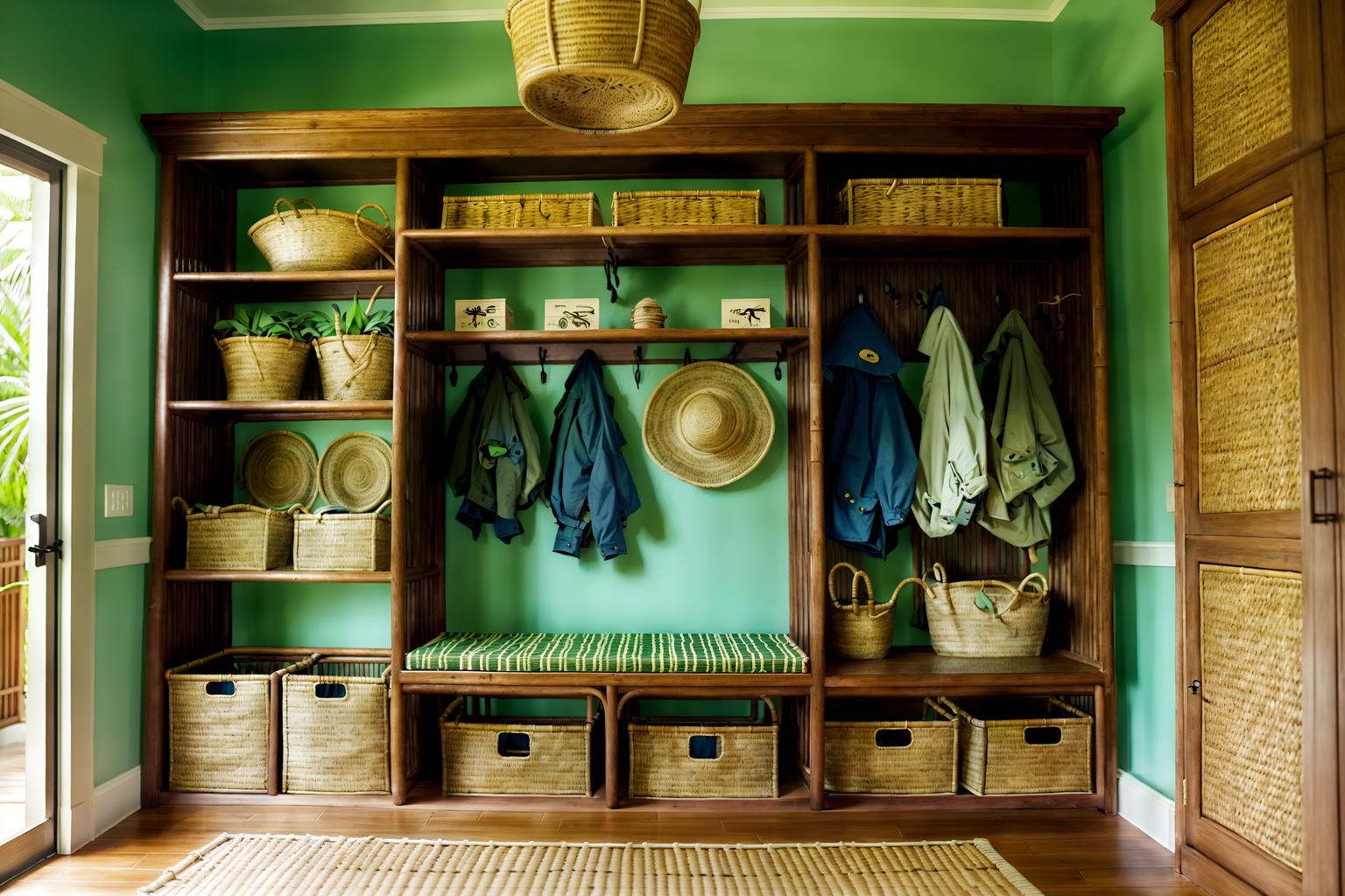 tropical-style (mudroom interior) with storage baskets and wall hooks for coats and shelves for shoes and a bench and high up storage and cabinets and storage drawers and cubbies. . with rattan and teak and palm trees and wicker and bamboo and cane motifs and lattice prints and palm leaves. . cinematic photo, highly detailed, cinematic lighting, ultra-detailed, ultrarealistic, photorealism, 8k. tropical interior design style. masterpiece, cinematic light, ultrarealistic+, photorealistic+, 8k, raw photo, realistic, sharp focus on eyes, (symmetrical eyes), (intact eyes), hyperrealistic, highest quality, best quality, , highly detailed, masterpiece, best quality, extremely detailed 8k wallpaper, masterpiece, best quality, ultra-detailed, best shadow, detailed background, detailed face, detailed eyes, high contrast, best illumination, detailed face, dulux, caustic, dynamic angle, detailed glow. dramatic lighting. highly detailed, insanely detailed hair, symmetrical, intricate details, professionally retouched, 8k high definition. strong bokeh. award winning photo.