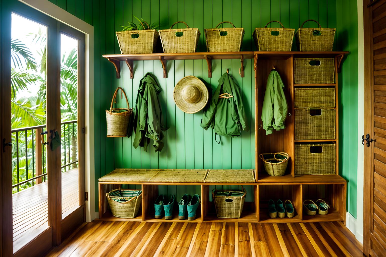 tropical-style (mudroom interior) with storage baskets and wall hooks for coats and shelves for shoes and a bench and high up storage and cabinets and storage drawers and cubbies. . with rattan and teak and palm trees and wicker and bamboo and cane motifs and lattice prints and palm leaves. . cinematic photo, highly detailed, cinematic lighting, ultra-detailed, ultrarealistic, photorealism, 8k. tropical interior design style. masterpiece, cinematic light, ultrarealistic+, photorealistic+, 8k, raw photo, realistic, sharp focus on eyes, (symmetrical eyes), (intact eyes), hyperrealistic, highest quality, best quality, , highly detailed, masterpiece, best quality, extremely detailed 8k wallpaper, masterpiece, best quality, ultra-detailed, best shadow, detailed background, detailed face, detailed eyes, high contrast, best illumination, detailed face, dulux, caustic, dynamic angle, detailed glow. dramatic lighting. highly detailed, insanely detailed hair, symmetrical, intricate details, professionally retouched, 8k high definition. strong bokeh. award winning photo.