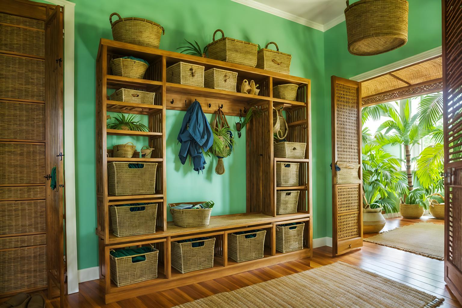 tropical-style (mudroom interior) with storage baskets and wall hooks for coats and shelves for shoes and a bench and high up storage and cabinets and storage drawers and cubbies. . with rattan and teak and palm trees and wicker and bamboo and cane motifs and lattice prints and palm leaves. . cinematic photo, highly detailed, cinematic lighting, ultra-detailed, ultrarealistic, photorealism, 8k. tropical interior design style. masterpiece, cinematic light, ultrarealistic+, photorealistic+, 8k, raw photo, realistic, sharp focus on eyes, (symmetrical eyes), (intact eyes), hyperrealistic, highest quality, best quality, , highly detailed, masterpiece, best quality, extremely detailed 8k wallpaper, masterpiece, best quality, ultra-detailed, best shadow, detailed background, detailed face, detailed eyes, high contrast, best illumination, detailed face, dulux, caustic, dynamic angle, detailed glow. dramatic lighting. highly detailed, insanely detailed hair, symmetrical, intricate details, professionally retouched, 8k high definition. strong bokeh. award winning photo.