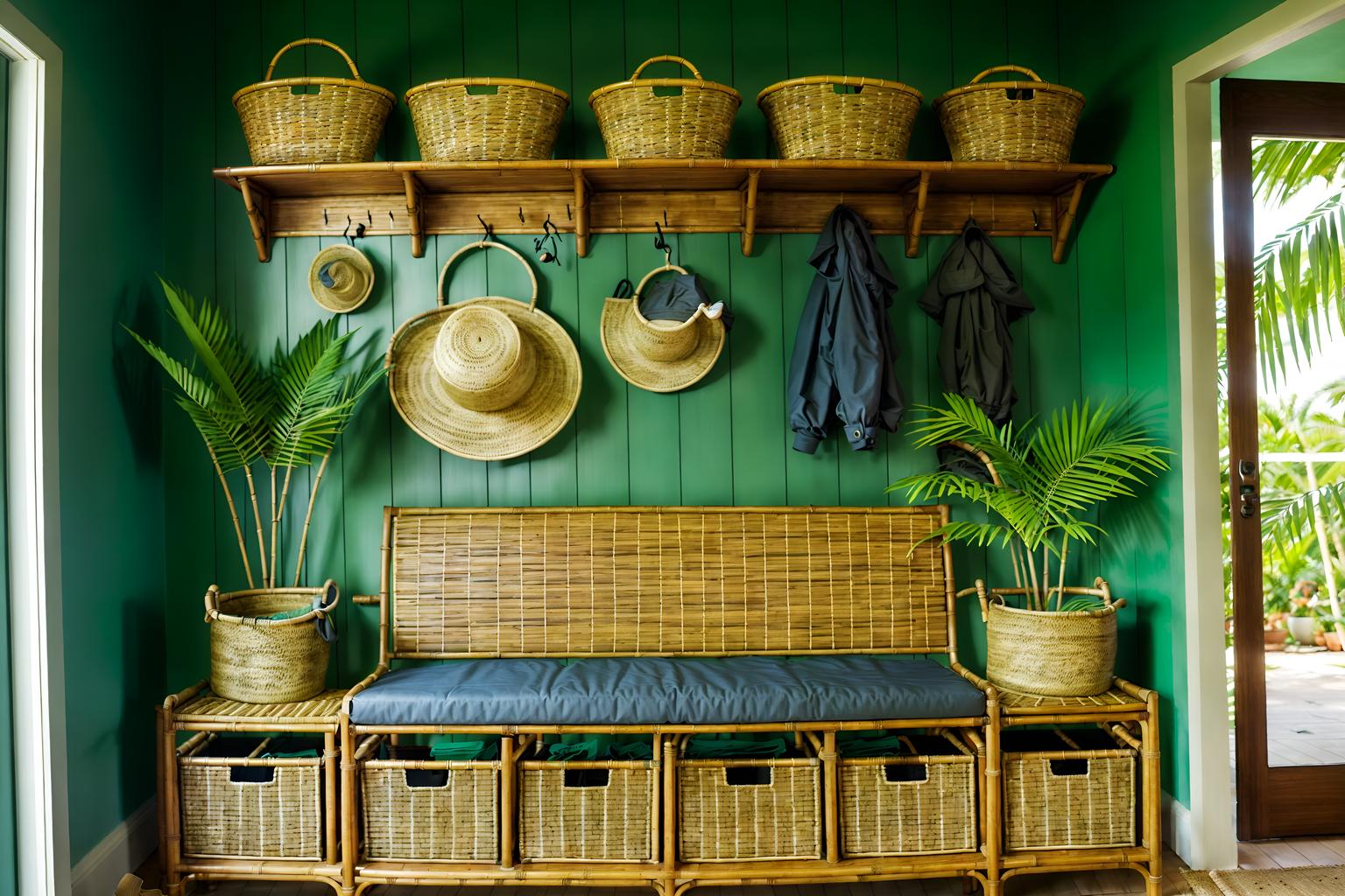 tropical-style (mudroom interior) with storage baskets and wall hooks for coats and shelves for shoes and a bench and high up storage and cabinets and storage drawers and cubbies. . with rattan and teak and palm trees and wicker and bamboo and cane motifs and lattice prints and palm leaves. . cinematic photo, highly detailed, cinematic lighting, ultra-detailed, ultrarealistic, photorealism, 8k. tropical interior design style. masterpiece, cinematic light, ultrarealistic+, photorealistic+, 8k, raw photo, realistic, sharp focus on eyes, (symmetrical eyes), (intact eyes), hyperrealistic, highest quality, best quality, , highly detailed, masterpiece, best quality, extremely detailed 8k wallpaper, masterpiece, best quality, ultra-detailed, best shadow, detailed background, detailed face, detailed eyes, high contrast, best illumination, detailed face, dulux, caustic, dynamic angle, detailed glow. dramatic lighting. highly detailed, insanely detailed hair, symmetrical, intricate details, professionally retouched, 8k high definition. strong bokeh. award winning photo.