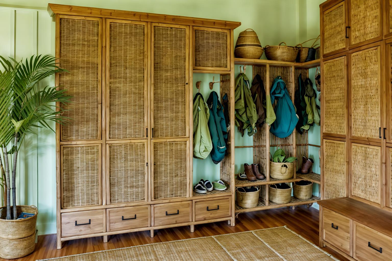 tropical-style (mudroom interior) with storage baskets and wall hooks for coats and shelves for shoes and a bench and high up storage and cabinets and storage drawers and cubbies. . with rattan and teak and palm trees and wicker and bamboo and cane motifs and lattice prints and palm leaves. . cinematic photo, highly detailed, cinematic lighting, ultra-detailed, ultrarealistic, photorealism, 8k. tropical interior design style. masterpiece, cinematic light, ultrarealistic+, photorealistic+, 8k, raw photo, realistic, sharp focus on eyes, (symmetrical eyes), (intact eyes), hyperrealistic, highest quality, best quality, , highly detailed, masterpiece, best quality, extremely detailed 8k wallpaper, masterpiece, best quality, ultra-detailed, best shadow, detailed background, detailed face, detailed eyes, high contrast, best illumination, detailed face, dulux, caustic, dynamic angle, detailed glow. dramatic lighting. highly detailed, insanely detailed hair, symmetrical, intricate details, professionally retouched, 8k high definition. strong bokeh. award winning photo.