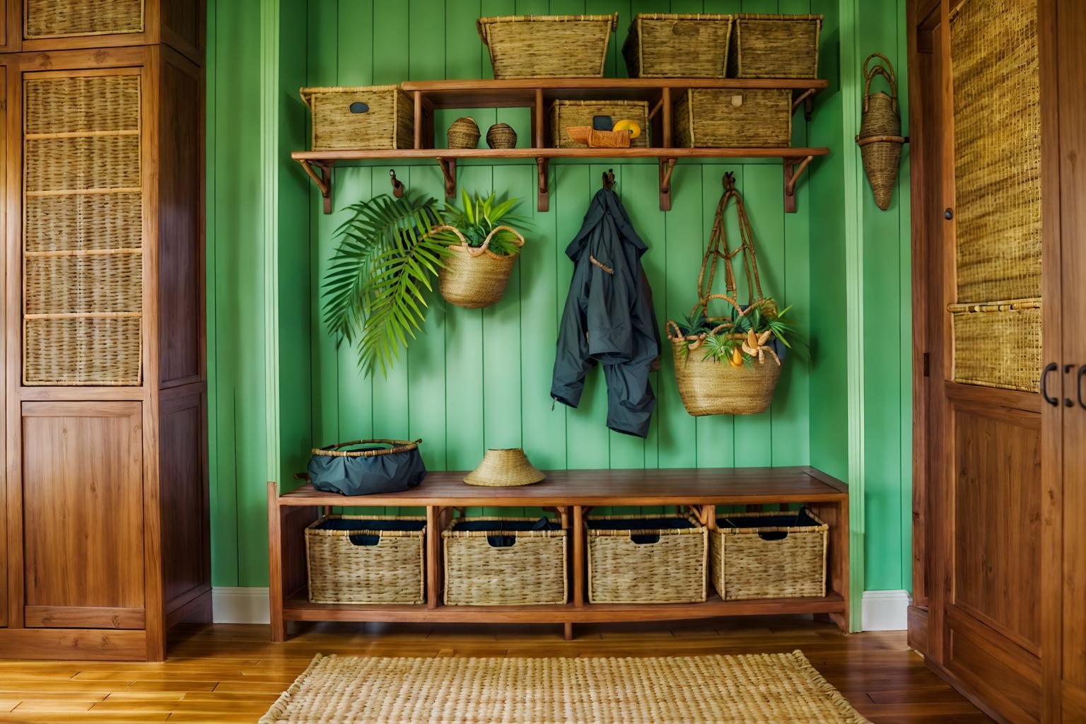 tropical-style (mudroom interior) with storage baskets and wall hooks for coats and shelves for shoes and a bench and high up storage and cabinets and storage drawers and cubbies. . with rattan and teak and palm trees and wicker and bamboo and cane motifs and lattice prints and palm leaves. . cinematic photo, highly detailed, cinematic lighting, ultra-detailed, ultrarealistic, photorealism, 8k. tropical interior design style. masterpiece, cinematic light, ultrarealistic+, photorealistic+, 8k, raw photo, realistic, sharp focus on eyes, (symmetrical eyes), (intact eyes), hyperrealistic, highest quality, best quality, , highly detailed, masterpiece, best quality, extremely detailed 8k wallpaper, masterpiece, best quality, ultra-detailed, best shadow, detailed background, detailed face, detailed eyes, high contrast, best illumination, detailed face, dulux, caustic, dynamic angle, detailed glow. dramatic lighting. highly detailed, insanely detailed hair, symmetrical, intricate details, professionally retouched, 8k high definition. strong bokeh. award winning photo.