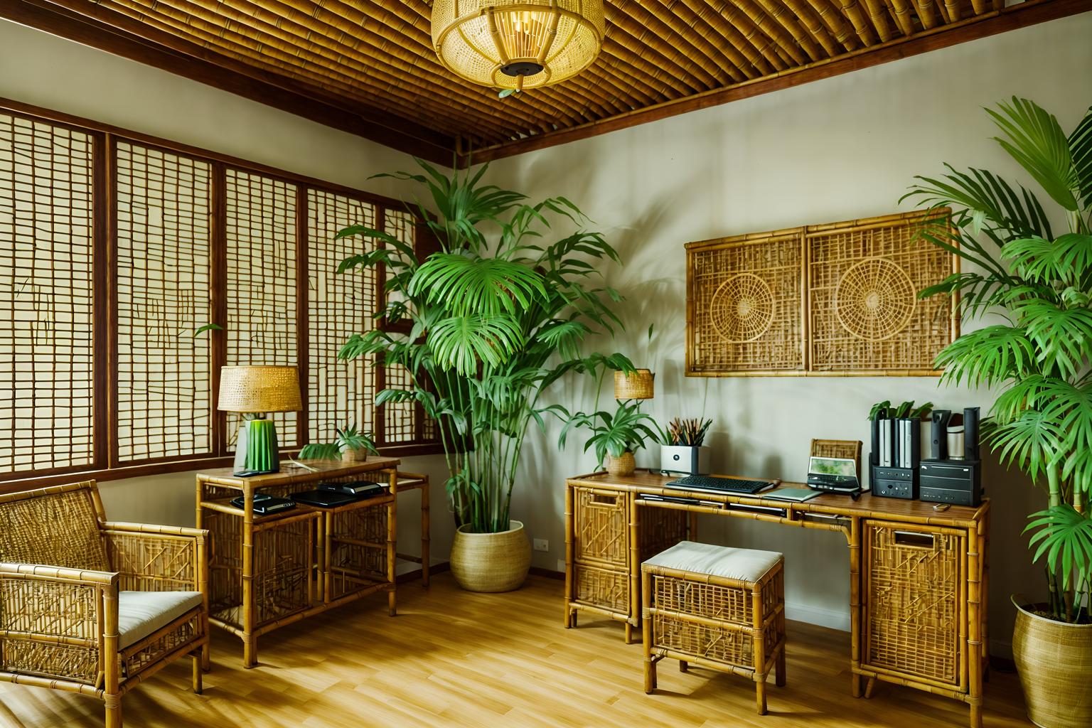 tropical-style (home office interior) with cabinets and plant and computer desk and desk lamp and office chair and cabinets. . with bamboo and palm leaves and lattice prints and rattan and palm trees and wicker and cane motifs and teak. . cinematic photo, highly detailed, cinematic lighting, ultra-detailed, ultrarealistic, photorealism, 8k. tropical interior design style. masterpiece, cinematic light, ultrarealistic+, photorealistic+, 8k, raw photo, realistic, sharp focus on eyes, (symmetrical eyes), (intact eyes), hyperrealistic, highest quality, best quality, , highly detailed, masterpiece, best quality, extremely detailed 8k wallpaper, masterpiece, best quality, ultra-detailed, best shadow, detailed background, detailed face, detailed eyes, high contrast, best illumination, detailed face, dulux, caustic, dynamic angle, detailed glow. dramatic lighting. highly detailed, insanely detailed hair, symmetrical, intricate details, professionally retouched, 8k high definition. strong bokeh. award winning photo.