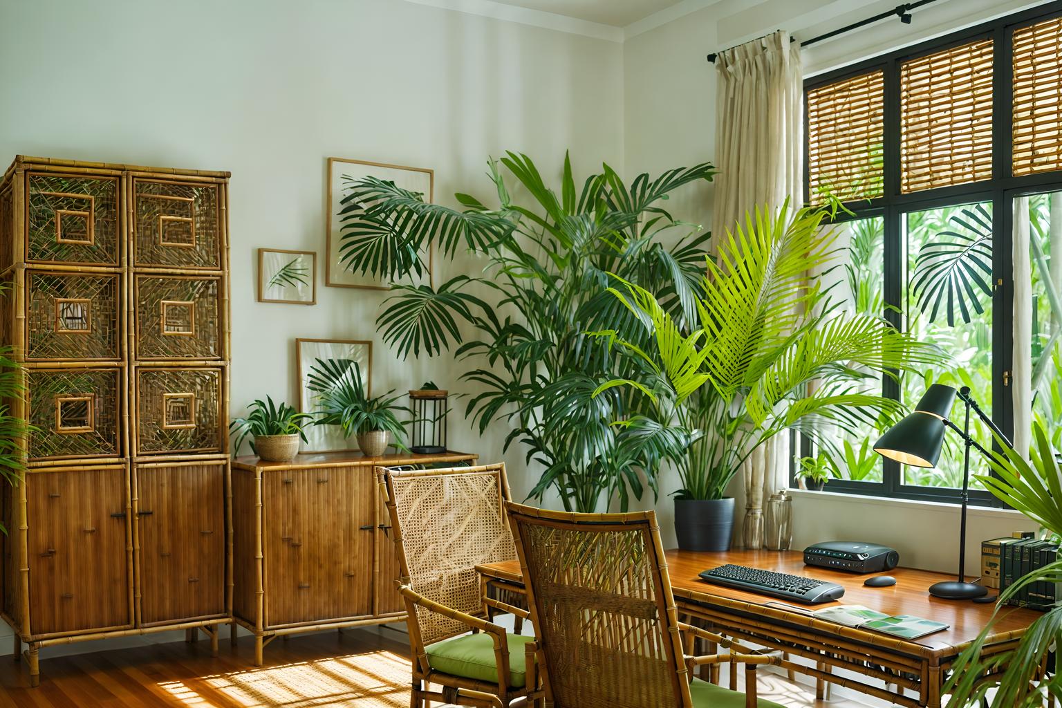 tropical-style (home office interior) with cabinets and plant and computer desk and desk lamp and office chair and cabinets. . with bamboo and palm leaves and lattice prints and rattan and palm trees and wicker and cane motifs and teak. . cinematic photo, highly detailed, cinematic lighting, ultra-detailed, ultrarealistic, photorealism, 8k. tropical interior design style. masterpiece, cinematic light, ultrarealistic+, photorealistic+, 8k, raw photo, realistic, sharp focus on eyes, (symmetrical eyes), (intact eyes), hyperrealistic, highest quality, best quality, , highly detailed, masterpiece, best quality, extremely detailed 8k wallpaper, masterpiece, best quality, ultra-detailed, best shadow, detailed background, detailed face, detailed eyes, high contrast, best illumination, detailed face, dulux, caustic, dynamic angle, detailed glow. dramatic lighting. highly detailed, insanely detailed hair, symmetrical, intricate details, professionally retouched, 8k high definition. strong bokeh. award winning photo.