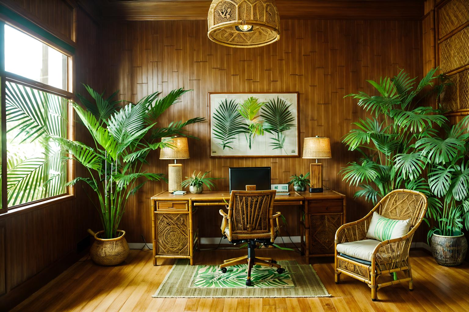tropical-style (home office interior) with cabinets and plant and computer desk and desk lamp and office chair and cabinets. . with bamboo and palm leaves and lattice prints and rattan and palm trees and wicker and cane motifs and teak. . cinematic photo, highly detailed, cinematic lighting, ultra-detailed, ultrarealistic, photorealism, 8k. tropical interior design style. masterpiece, cinematic light, ultrarealistic+, photorealistic+, 8k, raw photo, realistic, sharp focus on eyes, (symmetrical eyes), (intact eyes), hyperrealistic, highest quality, best quality, , highly detailed, masterpiece, best quality, extremely detailed 8k wallpaper, masterpiece, best quality, ultra-detailed, best shadow, detailed background, detailed face, detailed eyes, high contrast, best illumination, detailed face, dulux, caustic, dynamic angle, detailed glow. dramatic lighting. highly detailed, insanely detailed hair, symmetrical, intricate details, professionally retouched, 8k high definition. strong bokeh. award winning photo.
