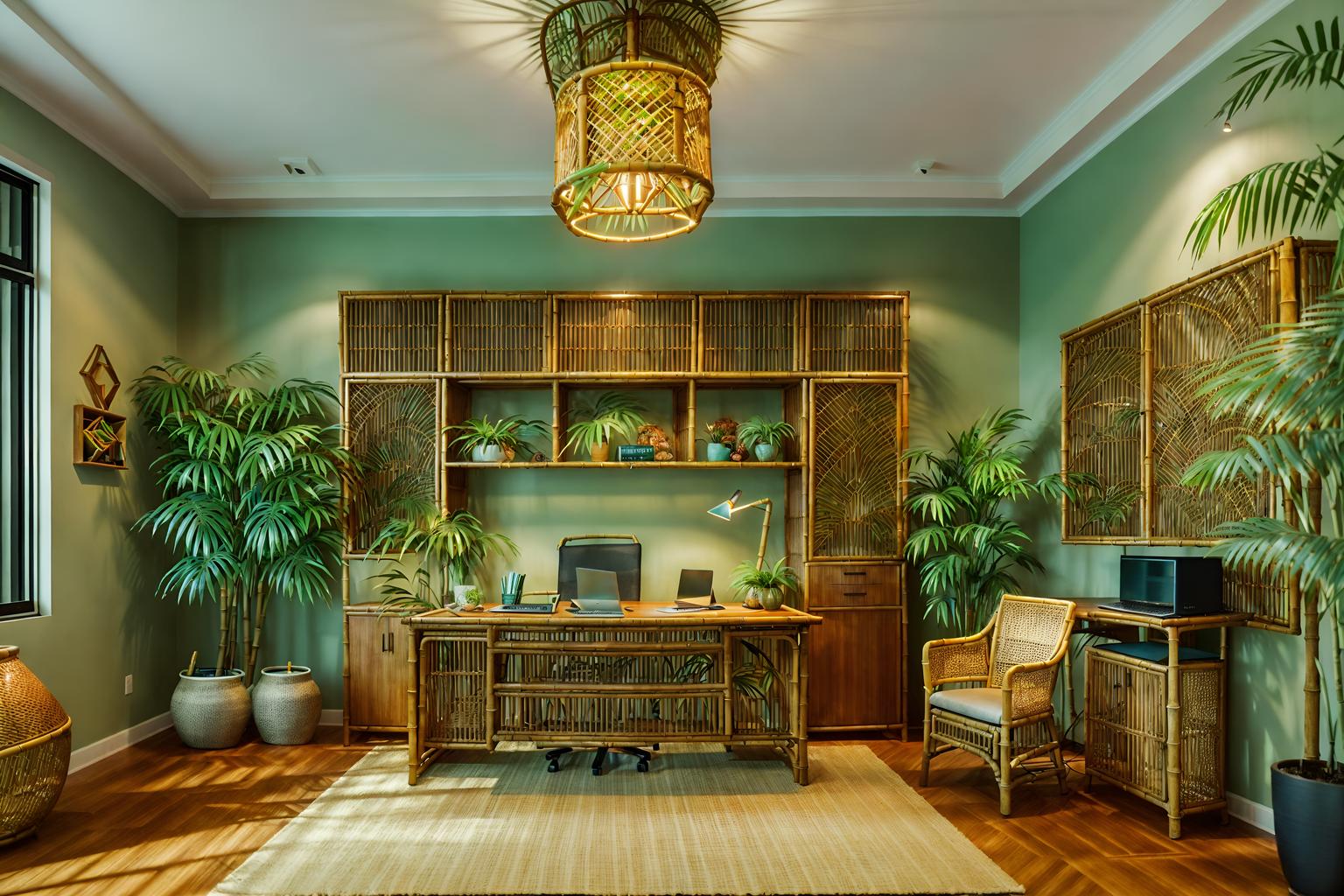 tropical-style (home office interior) with cabinets and plant and computer desk and desk lamp and office chair and cabinets. . with bamboo and palm leaves and lattice prints and rattan and palm trees and wicker and cane motifs and teak. . cinematic photo, highly detailed, cinematic lighting, ultra-detailed, ultrarealistic, photorealism, 8k. tropical interior design style. masterpiece, cinematic light, ultrarealistic+, photorealistic+, 8k, raw photo, realistic, sharp focus on eyes, (symmetrical eyes), (intact eyes), hyperrealistic, highest quality, best quality, , highly detailed, masterpiece, best quality, extremely detailed 8k wallpaper, masterpiece, best quality, ultra-detailed, best shadow, detailed background, detailed face, detailed eyes, high contrast, best illumination, detailed face, dulux, caustic, dynamic angle, detailed glow. dramatic lighting. highly detailed, insanely detailed hair, symmetrical, intricate details, professionally retouched, 8k high definition. strong bokeh. award winning photo.