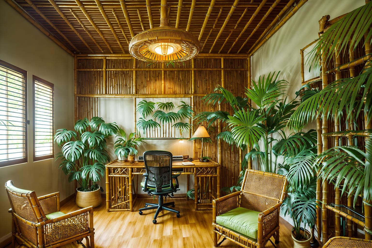 tropical-style (home office interior) with cabinets and plant and computer desk and desk lamp and office chair and cabinets. . with bamboo and palm leaves and lattice prints and rattan and palm trees and wicker and cane motifs and teak. . cinematic photo, highly detailed, cinematic lighting, ultra-detailed, ultrarealistic, photorealism, 8k. tropical interior design style. masterpiece, cinematic light, ultrarealistic+, photorealistic+, 8k, raw photo, realistic, sharp focus on eyes, (symmetrical eyes), (intact eyes), hyperrealistic, highest quality, best quality, , highly detailed, masterpiece, best quality, extremely detailed 8k wallpaper, masterpiece, best quality, ultra-detailed, best shadow, detailed background, detailed face, detailed eyes, high contrast, best illumination, detailed face, dulux, caustic, dynamic angle, detailed glow. dramatic lighting. highly detailed, insanely detailed hair, symmetrical, intricate details, professionally retouched, 8k high definition. strong bokeh. award winning photo.