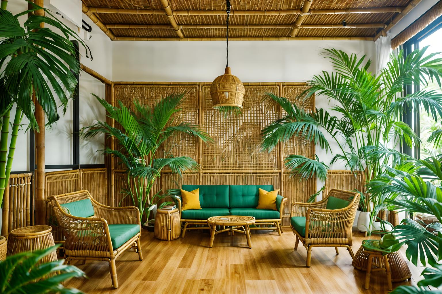 tropical-style (coworking space interior) with office desks and lounge chairs and office chairs and seating area with sofa and office desks. . with wicker and palm leaves and palm trees and teak and lattice prints and bamboo and cane motifs and rattan. . cinematic photo, highly detailed, cinematic lighting, ultra-detailed, ultrarealistic, photorealism, 8k. tropical interior design style. masterpiece, cinematic light, ultrarealistic+, photorealistic+, 8k, raw photo, realistic, sharp focus on eyes, (symmetrical eyes), (intact eyes), hyperrealistic, highest quality, best quality, , highly detailed, masterpiece, best quality, extremely detailed 8k wallpaper, masterpiece, best quality, ultra-detailed, best shadow, detailed background, detailed face, detailed eyes, high contrast, best illumination, detailed face, dulux, caustic, dynamic angle, detailed glow. dramatic lighting. highly detailed, insanely detailed hair, symmetrical, intricate details, professionally retouched, 8k high definition. strong bokeh. award winning photo.