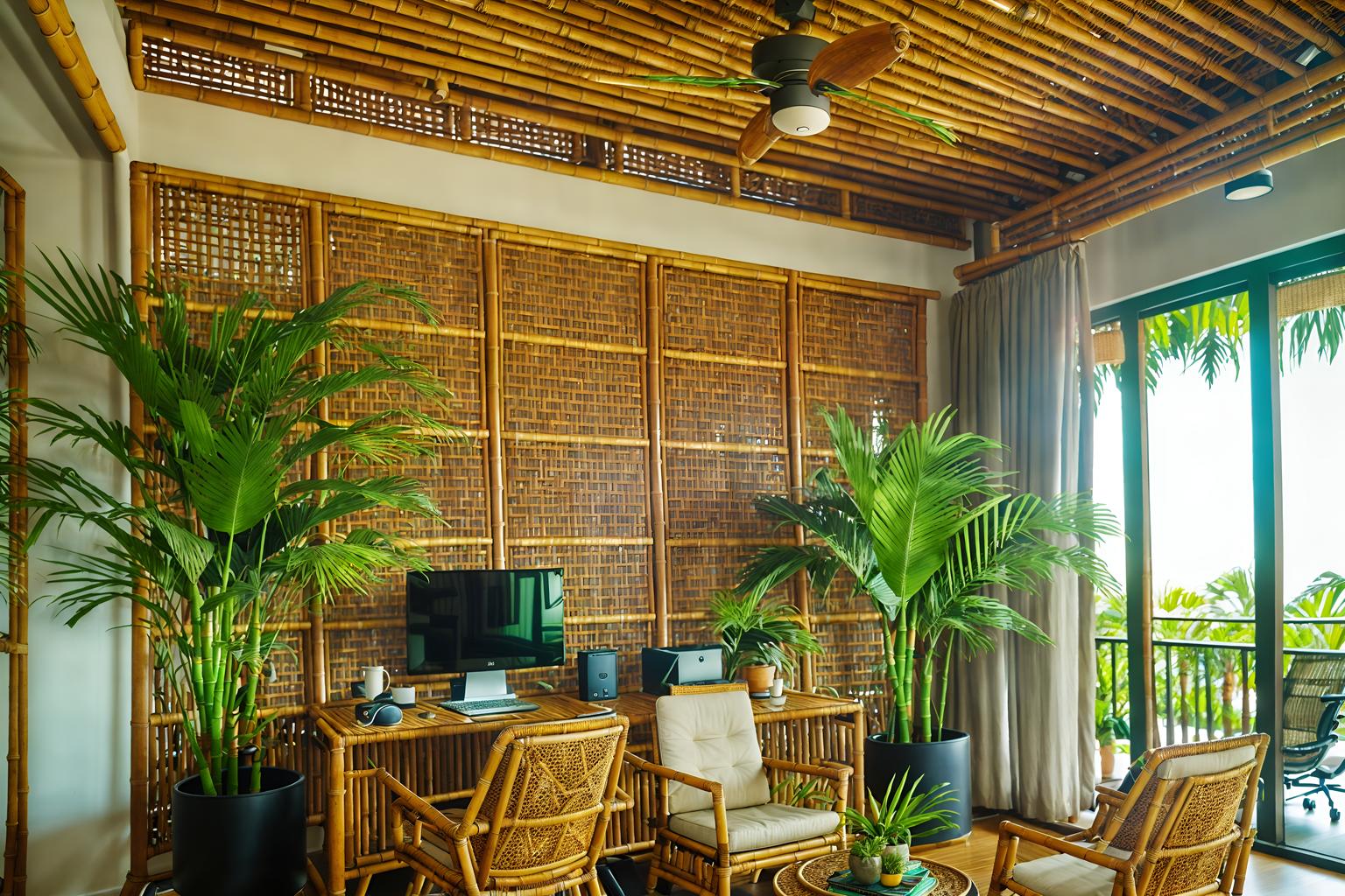 tropical-style (coworking space interior) with office desks and lounge chairs and office chairs and seating area with sofa and office desks. . with wicker and palm leaves and palm trees and teak and lattice prints and bamboo and cane motifs and rattan. . cinematic photo, highly detailed, cinematic lighting, ultra-detailed, ultrarealistic, photorealism, 8k. tropical interior design style. masterpiece, cinematic light, ultrarealistic+, photorealistic+, 8k, raw photo, realistic, sharp focus on eyes, (symmetrical eyes), (intact eyes), hyperrealistic, highest quality, best quality, , highly detailed, masterpiece, best quality, extremely detailed 8k wallpaper, masterpiece, best quality, ultra-detailed, best shadow, detailed background, detailed face, detailed eyes, high contrast, best illumination, detailed face, dulux, caustic, dynamic angle, detailed glow. dramatic lighting. highly detailed, insanely detailed hair, symmetrical, intricate details, professionally retouched, 8k high definition. strong bokeh. award winning photo.