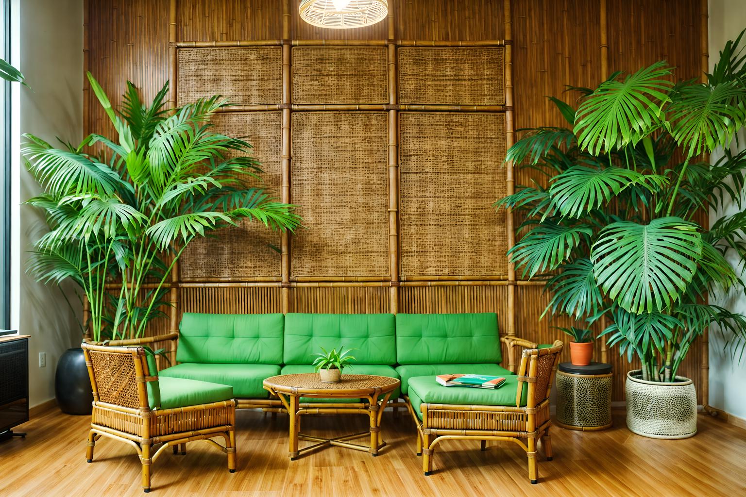 tropical-style (coworking space interior) with office desks and lounge chairs and office chairs and seating area with sofa and office desks. . with wicker and palm leaves and palm trees and teak and lattice prints and bamboo and cane motifs and rattan. . cinematic photo, highly detailed, cinematic lighting, ultra-detailed, ultrarealistic, photorealism, 8k. tropical interior design style. masterpiece, cinematic light, ultrarealistic+, photorealistic+, 8k, raw photo, realistic, sharp focus on eyes, (symmetrical eyes), (intact eyes), hyperrealistic, highest quality, best quality, , highly detailed, masterpiece, best quality, extremely detailed 8k wallpaper, masterpiece, best quality, ultra-detailed, best shadow, detailed background, detailed face, detailed eyes, high contrast, best illumination, detailed face, dulux, caustic, dynamic angle, detailed glow. dramatic lighting. highly detailed, insanely detailed hair, symmetrical, intricate details, professionally retouched, 8k high definition. strong bokeh. award winning photo.