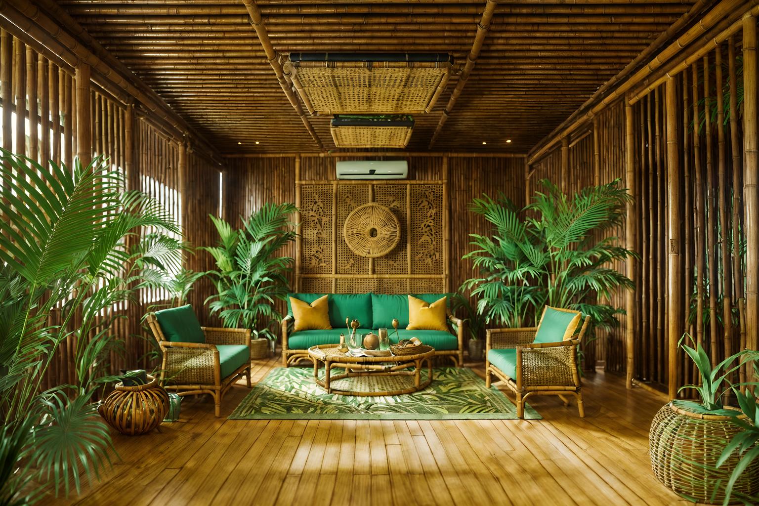tropical-style (exhibition space interior) . with teak and palm trees and rattan and palm leaves and lattice prints and bamboo and cane motifs and wicker. . cinematic photo, highly detailed, cinematic lighting, ultra-detailed, ultrarealistic, photorealism, 8k. tropical interior design style. masterpiece, cinematic light, ultrarealistic+, photorealistic+, 8k, raw photo, realistic, sharp focus on eyes, (symmetrical eyes), (intact eyes), hyperrealistic, highest quality, best quality, , highly detailed, masterpiece, best quality, extremely detailed 8k wallpaper, masterpiece, best quality, ultra-detailed, best shadow, detailed background, detailed face, detailed eyes, high contrast, best illumination, detailed face, dulux, caustic, dynamic angle, detailed glow. dramatic lighting. highly detailed, insanely detailed hair, symmetrical, intricate details, professionally retouched, 8k high definition. strong bokeh. award winning photo.