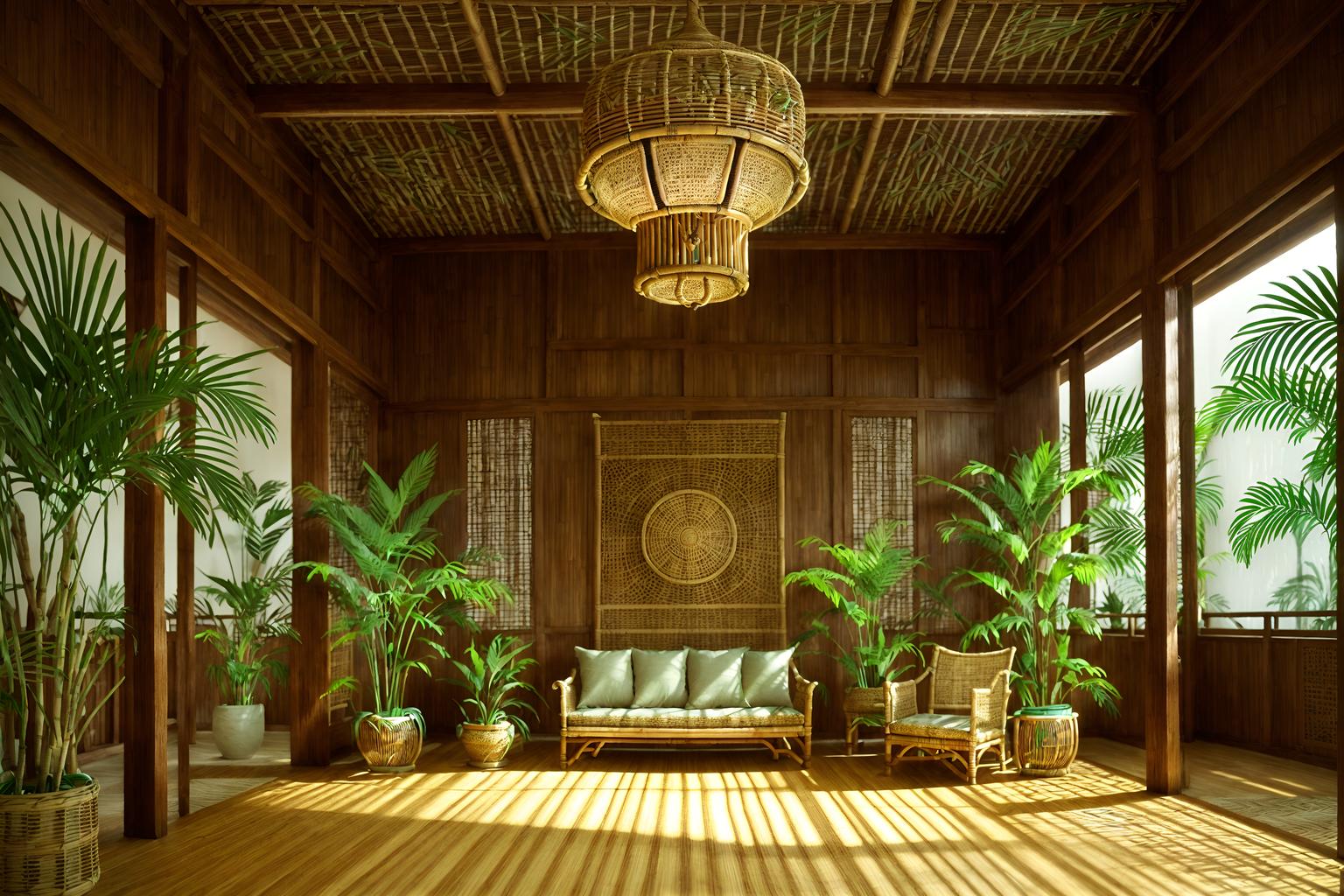 tropical-style (exhibition space interior) . with teak and palm trees and rattan and palm leaves and lattice prints and bamboo and cane motifs and wicker. . cinematic photo, highly detailed, cinematic lighting, ultra-detailed, ultrarealistic, photorealism, 8k. tropical interior design style. masterpiece, cinematic light, ultrarealistic+, photorealistic+, 8k, raw photo, realistic, sharp focus on eyes, (symmetrical eyes), (intact eyes), hyperrealistic, highest quality, best quality, , highly detailed, masterpiece, best quality, extremely detailed 8k wallpaper, masterpiece, best quality, ultra-detailed, best shadow, detailed background, detailed face, detailed eyes, high contrast, best illumination, detailed face, dulux, caustic, dynamic angle, detailed glow. dramatic lighting. highly detailed, insanely detailed hair, symmetrical, intricate details, professionally retouched, 8k high definition. strong bokeh. award winning photo.