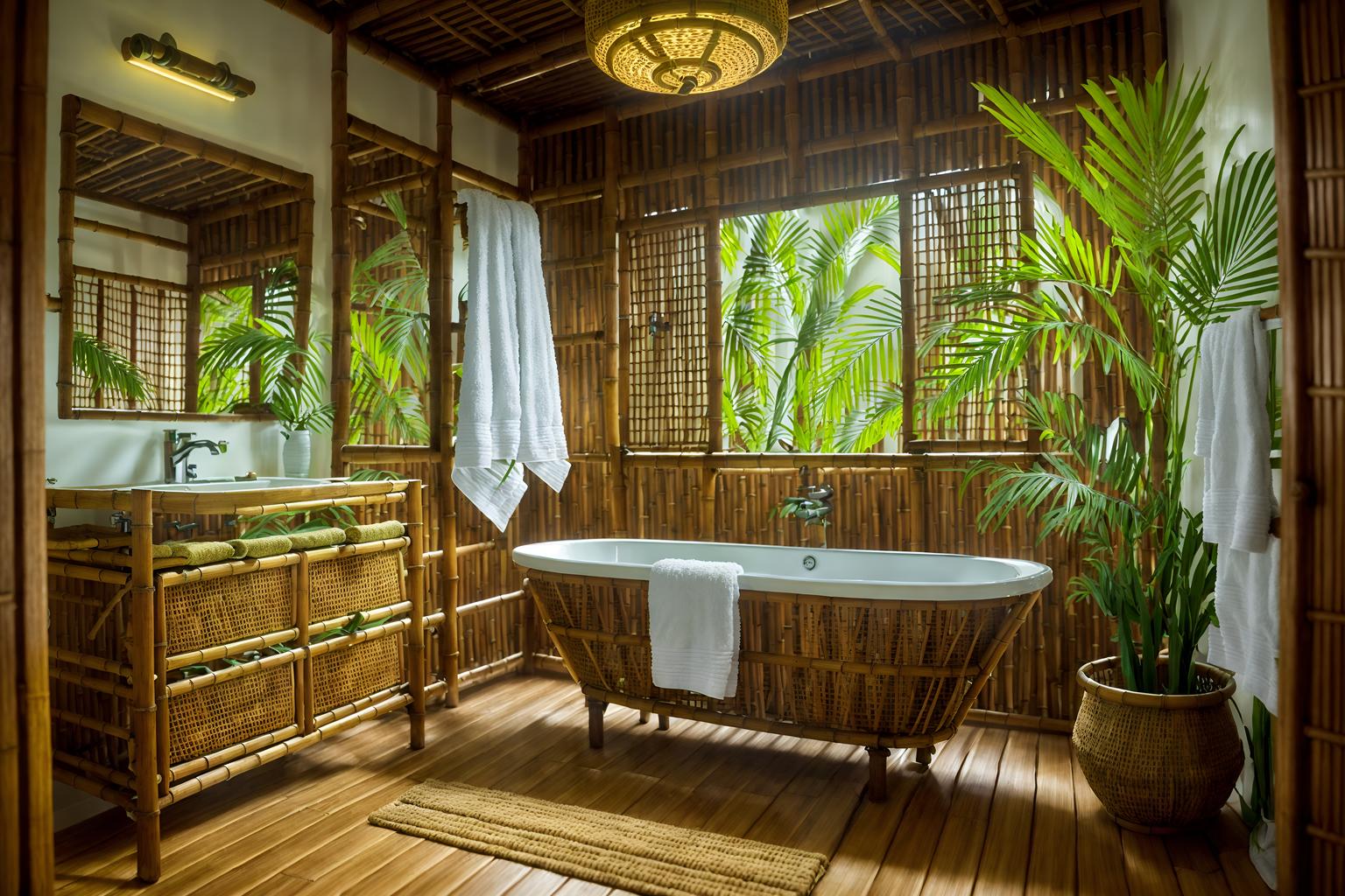 tropical-style (bathroom interior) with bath towel and bathroom sink with faucet and bathroom cabinet and mirror and shower and waste basket and plant and bath rail. . with bamboo and teak and lattice prints and cane motifs and palm trees and rattan and wicker and palm leaves. . cinematic photo, highly detailed, cinematic lighting, ultra-detailed, ultrarealistic, photorealism, 8k. tropical interior design style. masterpiece, cinematic light, ultrarealistic+, photorealistic+, 8k, raw photo, realistic, sharp focus on eyes, (symmetrical eyes), (intact eyes), hyperrealistic, highest quality, best quality, , highly detailed, masterpiece, best quality, extremely detailed 8k wallpaper, masterpiece, best quality, ultra-detailed, best shadow, detailed background, detailed face, detailed eyes, high contrast, best illumination, detailed face, dulux, caustic, dynamic angle, detailed glow. dramatic lighting. highly detailed, insanely detailed hair, symmetrical, intricate details, professionally retouched, 8k high definition. strong bokeh. award winning photo.