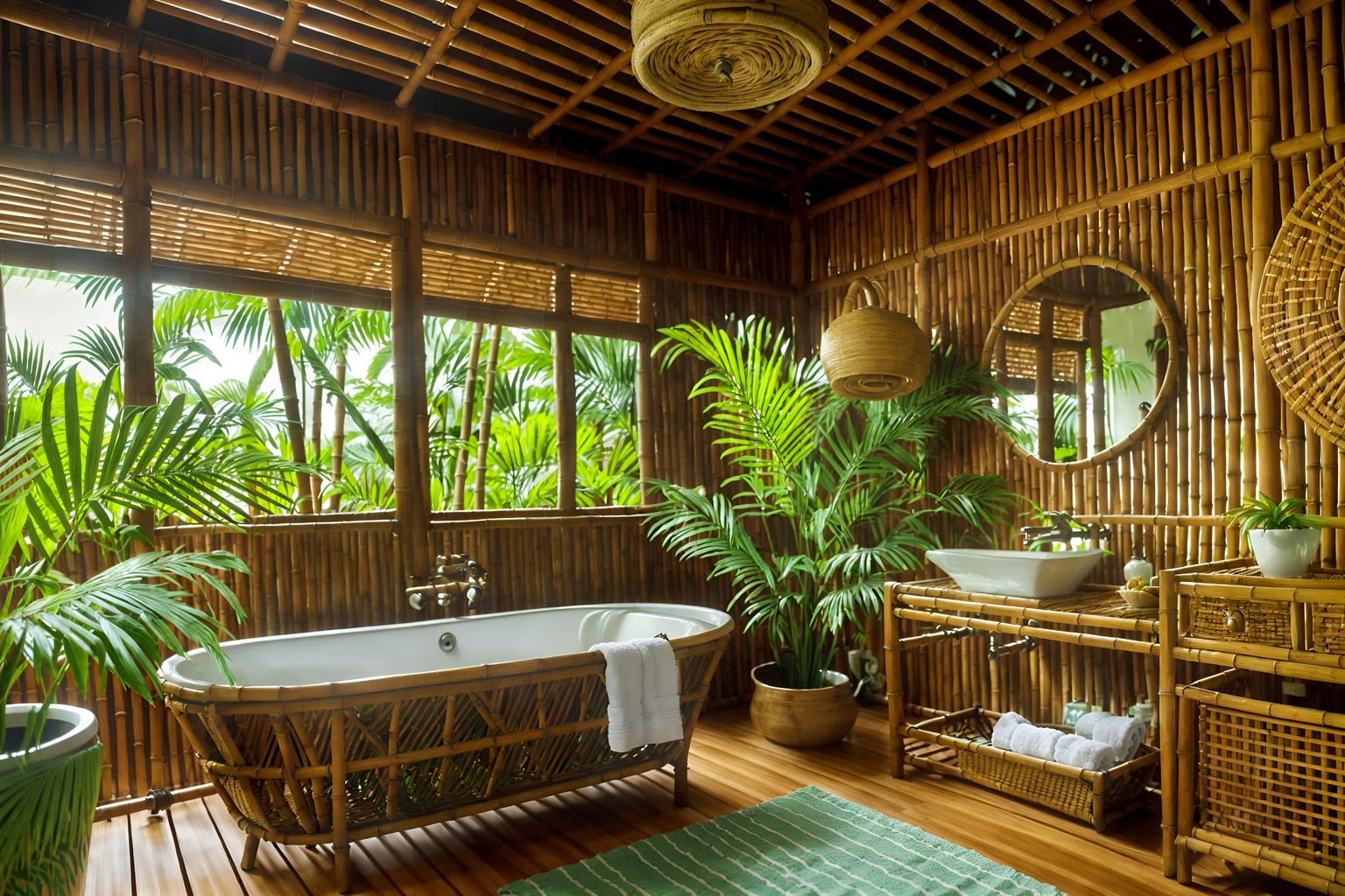 tropical-style (bathroom interior) with bath towel and bathroom sink with faucet and bathroom cabinet and mirror and shower and waste basket and plant and bath rail. . with bamboo and teak and lattice prints and cane motifs and palm trees and rattan and wicker and palm leaves. . cinematic photo, highly detailed, cinematic lighting, ultra-detailed, ultrarealistic, photorealism, 8k. tropical interior design style. masterpiece, cinematic light, ultrarealistic+, photorealistic+, 8k, raw photo, realistic, sharp focus on eyes, (symmetrical eyes), (intact eyes), hyperrealistic, highest quality, best quality, , highly detailed, masterpiece, best quality, extremely detailed 8k wallpaper, masterpiece, best quality, ultra-detailed, best shadow, detailed background, detailed face, detailed eyes, high contrast, best illumination, detailed face, dulux, caustic, dynamic angle, detailed glow. dramatic lighting. highly detailed, insanely detailed hair, symmetrical, intricate details, professionally retouched, 8k high definition. strong bokeh. award winning photo.