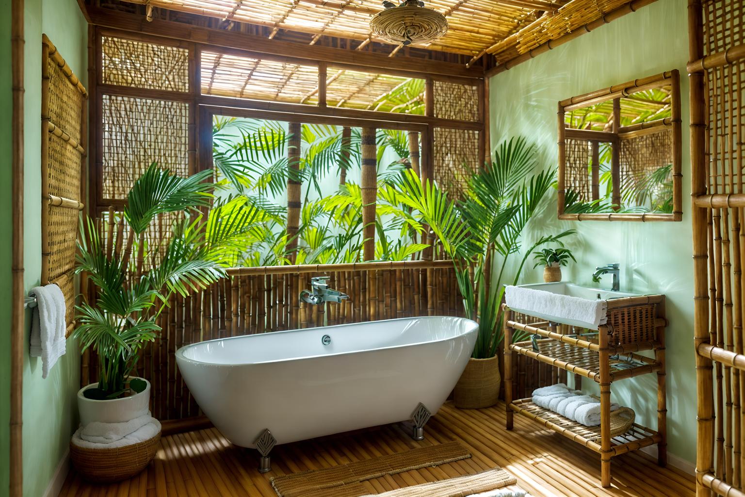 tropical-style (bathroom interior) with bath towel and bathroom sink with faucet and bathroom cabinet and mirror and shower and waste basket and plant and bath rail. . with bamboo and teak and lattice prints and cane motifs and palm trees and rattan and wicker and palm leaves. . cinematic photo, highly detailed, cinematic lighting, ultra-detailed, ultrarealistic, photorealism, 8k. tropical interior design style. masterpiece, cinematic light, ultrarealistic+, photorealistic+, 8k, raw photo, realistic, sharp focus on eyes, (symmetrical eyes), (intact eyes), hyperrealistic, highest quality, best quality, , highly detailed, masterpiece, best quality, extremely detailed 8k wallpaper, masterpiece, best quality, ultra-detailed, best shadow, detailed background, detailed face, detailed eyes, high contrast, best illumination, detailed face, dulux, caustic, dynamic angle, detailed glow. dramatic lighting. highly detailed, insanely detailed hair, symmetrical, intricate details, professionally retouched, 8k high definition. strong bokeh. award winning photo.