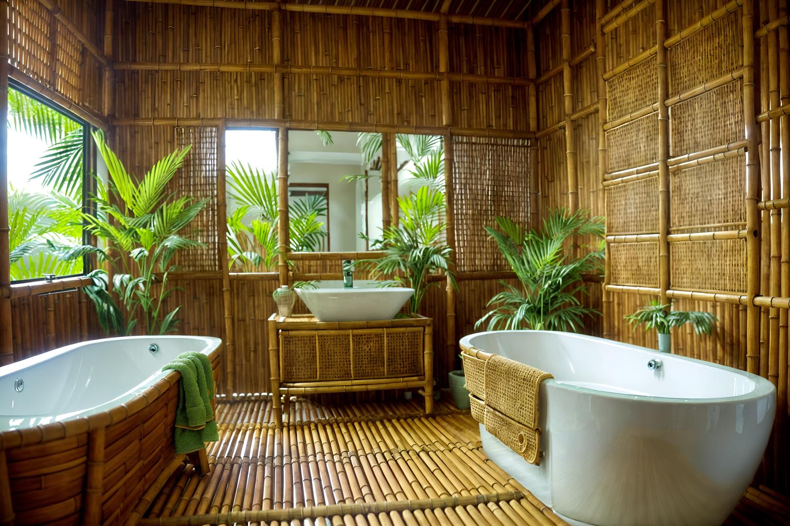 tropical-style (bathroom interior) with bath towel and bathroom sink with faucet and bathroom cabinet and mirror and shower and waste basket and plant and bath rail. . with bamboo and teak and lattice prints and cane motifs and palm trees and rattan and wicker and palm leaves. . cinematic photo, highly detailed, cinematic lighting, ultra-detailed, ultrarealistic, photorealism, 8k. tropical interior design style. masterpiece, cinematic light, ultrarealistic+, photorealistic+, 8k, raw photo, realistic, sharp focus on eyes, (symmetrical eyes), (intact eyes), hyperrealistic, highest quality, best quality, , highly detailed, masterpiece, best quality, extremely detailed 8k wallpaper, masterpiece, best quality, ultra-detailed, best shadow, detailed background, detailed face, detailed eyes, high contrast, best illumination, detailed face, dulux, caustic, dynamic angle, detailed glow. dramatic lighting. highly detailed, insanely detailed hair, symmetrical, intricate details, professionally retouched, 8k high definition. strong bokeh. award winning photo.