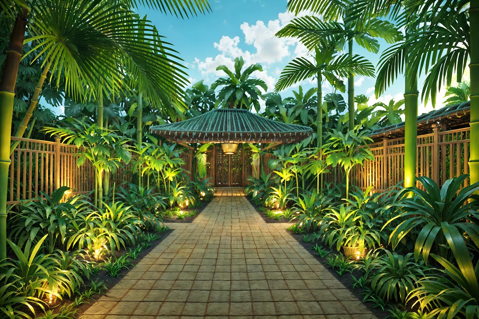 tropical-style designed (outdoor garden ) with garden plants and grass and garden tree and garden plants. . with wicker and lattice prints and palm leaves and bamboo and palm trees and rattan and teak and cane motifs. . cinematic photo, highly detailed, cinematic lighting, ultra-detailed, ultrarealistic, photorealism, 8k. tropical design style. masterpiece, cinematic light, ultrarealistic+, photorealistic+, 8k, raw photo, realistic, sharp focus on eyes, (symmetrical eyes), (intact eyes), hyperrealistic, highest quality, best quality, , highly detailed, masterpiece, best quality, extremely detailed 8k wallpaper, masterpiece, best quality, ultra-detailed, best shadow, detailed background, detailed face, detailed eyes, high contrast, best illumination, detailed face, dulux, caustic, dynamic angle, detailed glow. dramatic lighting. highly detailed, insanely detailed hair, symmetrical, intricate details, professionally retouched, 8k high definition. strong bokeh. award winning photo.