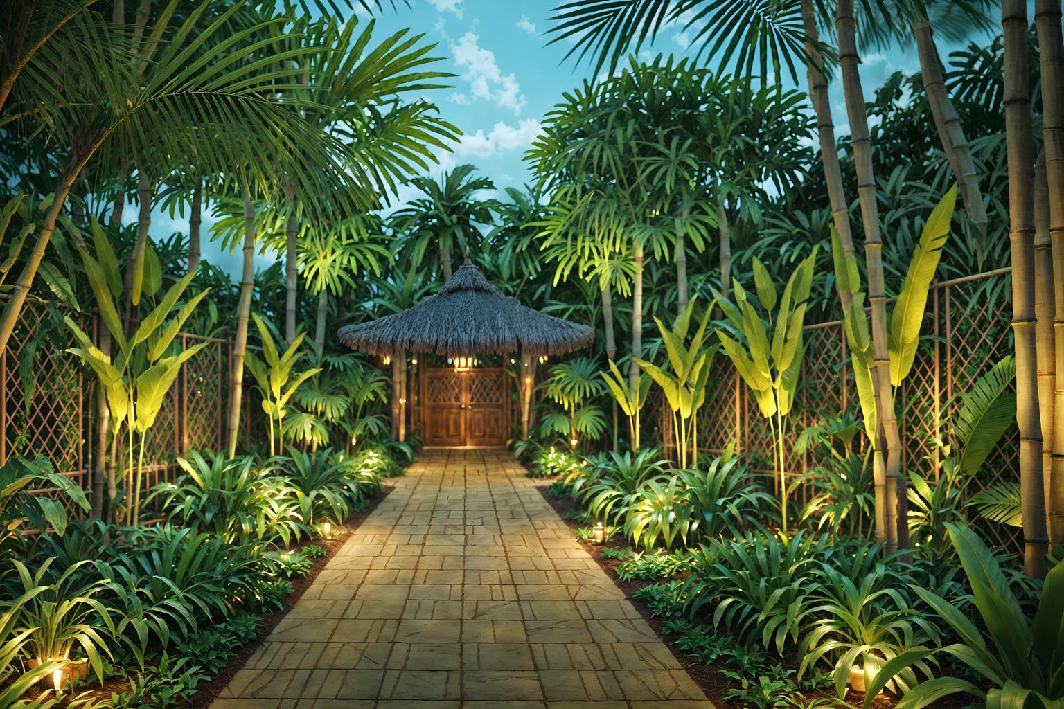 tropical-style designed (outdoor garden ) with garden plants and grass and garden tree and garden plants. . with wicker and lattice prints and palm leaves and bamboo and palm trees and rattan and teak and cane motifs. . cinematic photo, highly detailed, cinematic lighting, ultra-detailed, ultrarealistic, photorealism, 8k. tropical design style. masterpiece, cinematic light, ultrarealistic+, photorealistic+, 8k, raw photo, realistic, sharp focus on eyes, (symmetrical eyes), (intact eyes), hyperrealistic, highest quality, best quality, , highly detailed, masterpiece, best quality, extremely detailed 8k wallpaper, masterpiece, best quality, ultra-detailed, best shadow, detailed background, detailed face, detailed eyes, high contrast, best illumination, detailed face, dulux, caustic, dynamic angle, detailed glow. dramatic lighting. highly detailed, insanely detailed hair, symmetrical, intricate details, professionally retouched, 8k high definition. strong bokeh. award winning photo.