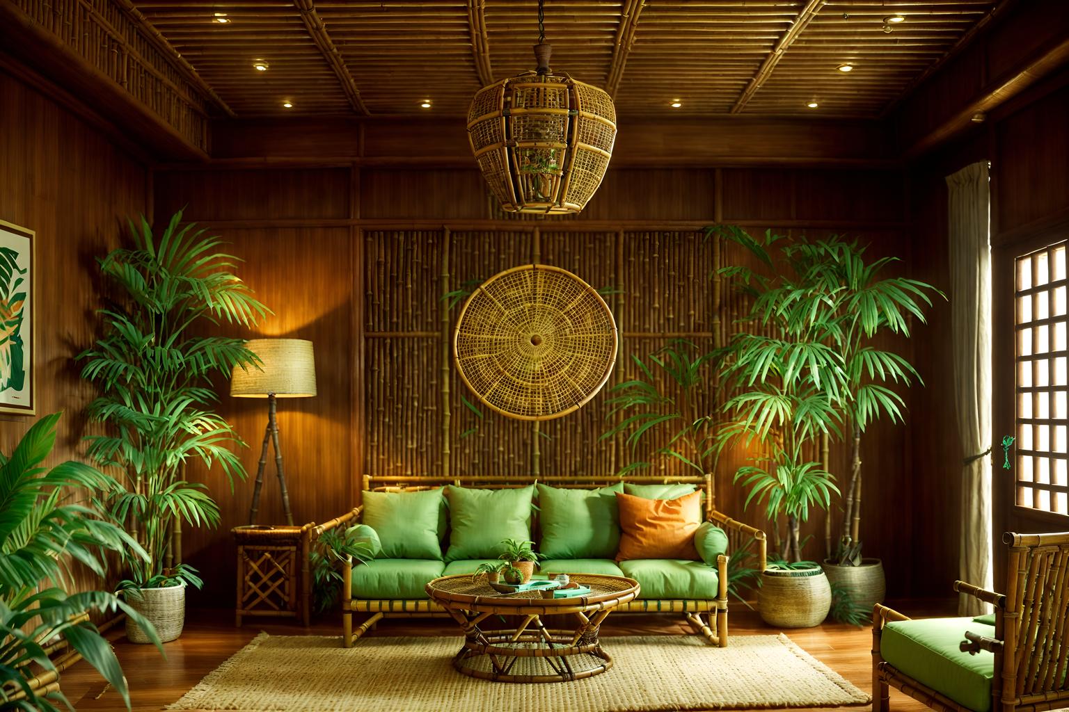 tropical-style (gaming room interior) . with bamboo and teak and wicker and palm leaves and lattice prints and rattan and palm trees and cane motifs. . cinematic photo, highly detailed, cinematic lighting, ultra-detailed, ultrarealistic, photorealism, 8k. tropical interior design style. masterpiece, cinematic light, ultrarealistic+, photorealistic+, 8k, raw photo, realistic, sharp focus on eyes, (symmetrical eyes), (intact eyes), hyperrealistic, highest quality, best quality, , highly detailed, masterpiece, best quality, extremely detailed 8k wallpaper, masterpiece, best quality, ultra-detailed, best shadow, detailed background, detailed face, detailed eyes, high contrast, best illumination, detailed face, dulux, caustic, dynamic angle, detailed glow. dramatic lighting. highly detailed, insanely detailed hair, symmetrical, intricate details, professionally retouched, 8k high definition. strong bokeh. award winning photo.