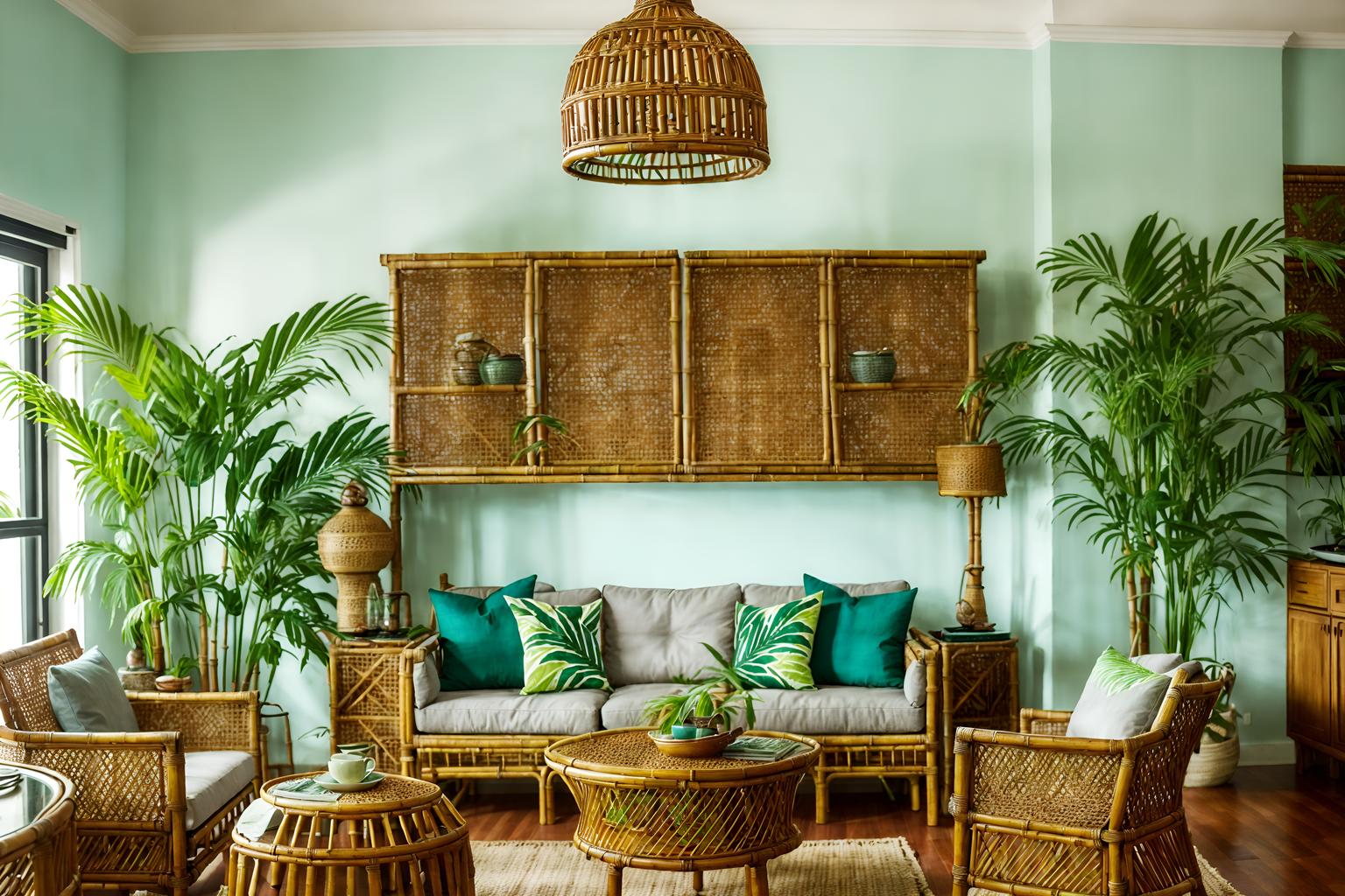 tropical-style (kitchen living combo interior) with plant and sofa and bookshelves and kitchen cabinets and coffee tables and sink and plant and furniture. . with wicker and cane motifs and lattice prints and bamboo and palm trees and teak and palm leaves and rattan. . cinematic photo, highly detailed, cinematic lighting, ultra-detailed, ultrarealistic, photorealism, 8k. tropical interior design style. masterpiece, cinematic light, ultrarealistic+, photorealistic+, 8k, raw photo, realistic, sharp focus on eyes, (symmetrical eyes), (intact eyes), hyperrealistic, highest quality, best quality, , highly detailed, masterpiece, best quality, extremely detailed 8k wallpaper, masterpiece, best quality, ultra-detailed, best shadow, detailed background, detailed face, detailed eyes, high contrast, best illumination, detailed face, dulux, caustic, dynamic angle, detailed glow. dramatic lighting. highly detailed, insanely detailed hair, symmetrical, intricate details, professionally retouched, 8k high definition. strong bokeh. award winning photo.