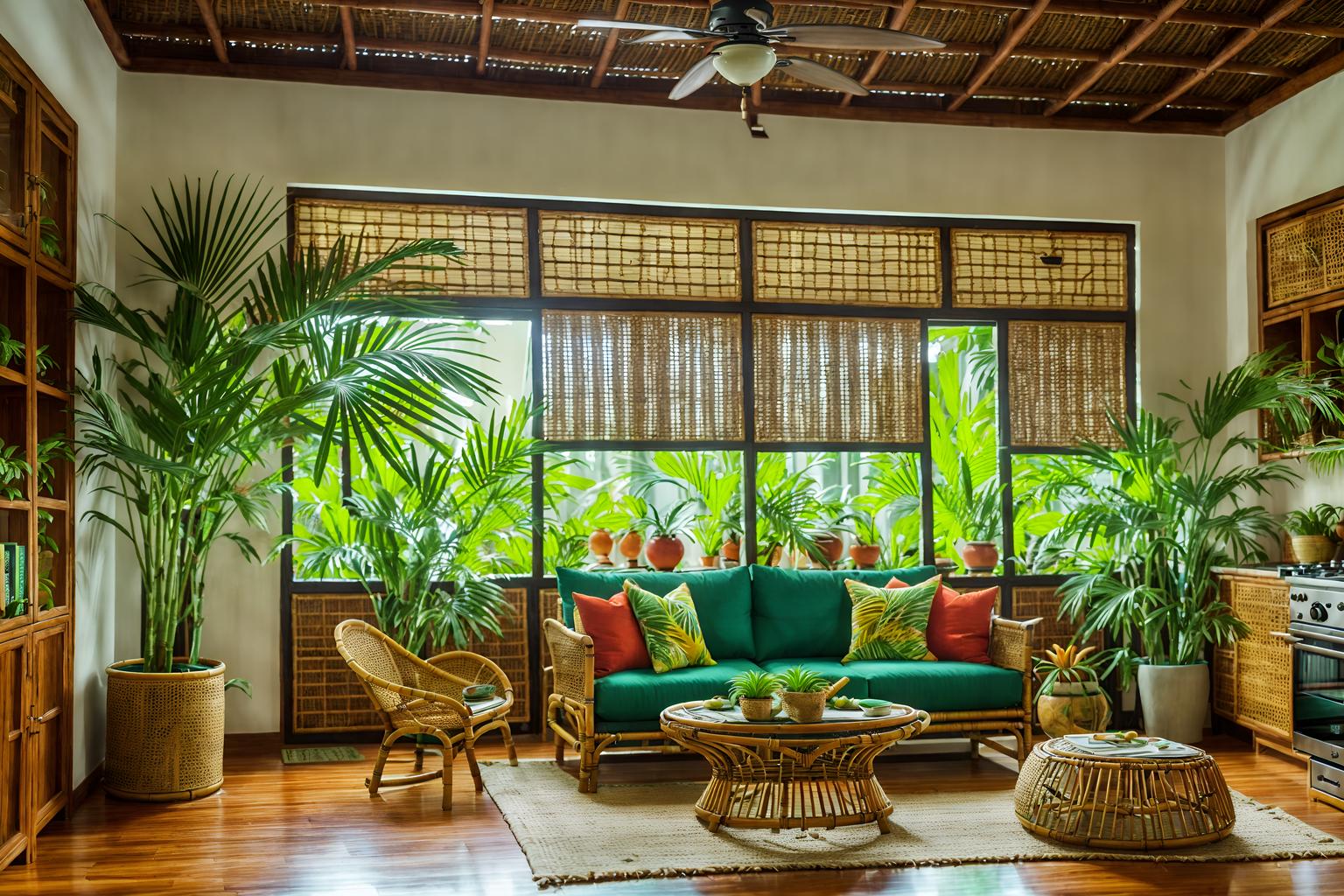 tropical-style (kitchen living combo interior) with plant and sofa and bookshelves and kitchen cabinets and coffee tables and sink and plant and furniture. . with wicker and cane motifs and lattice prints and bamboo and palm trees and teak and palm leaves and rattan. . cinematic photo, highly detailed, cinematic lighting, ultra-detailed, ultrarealistic, photorealism, 8k. tropical interior design style. masterpiece, cinematic light, ultrarealistic+, photorealistic+, 8k, raw photo, realistic, sharp focus on eyes, (symmetrical eyes), (intact eyes), hyperrealistic, highest quality, best quality, , highly detailed, masterpiece, best quality, extremely detailed 8k wallpaper, masterpiece, best quality, ultra-detailed, best shadow, detailed background, detailed face, detailed eyes, high contrast, best illumination, detailed face, dulux, caustic, dynamic angle, detailed glow. dramatic lighting. highly detailed, insanely detailed hair, symmetrical, intricate details, professionally retouched, 8k high definition. strong bokeh. award winning photo.