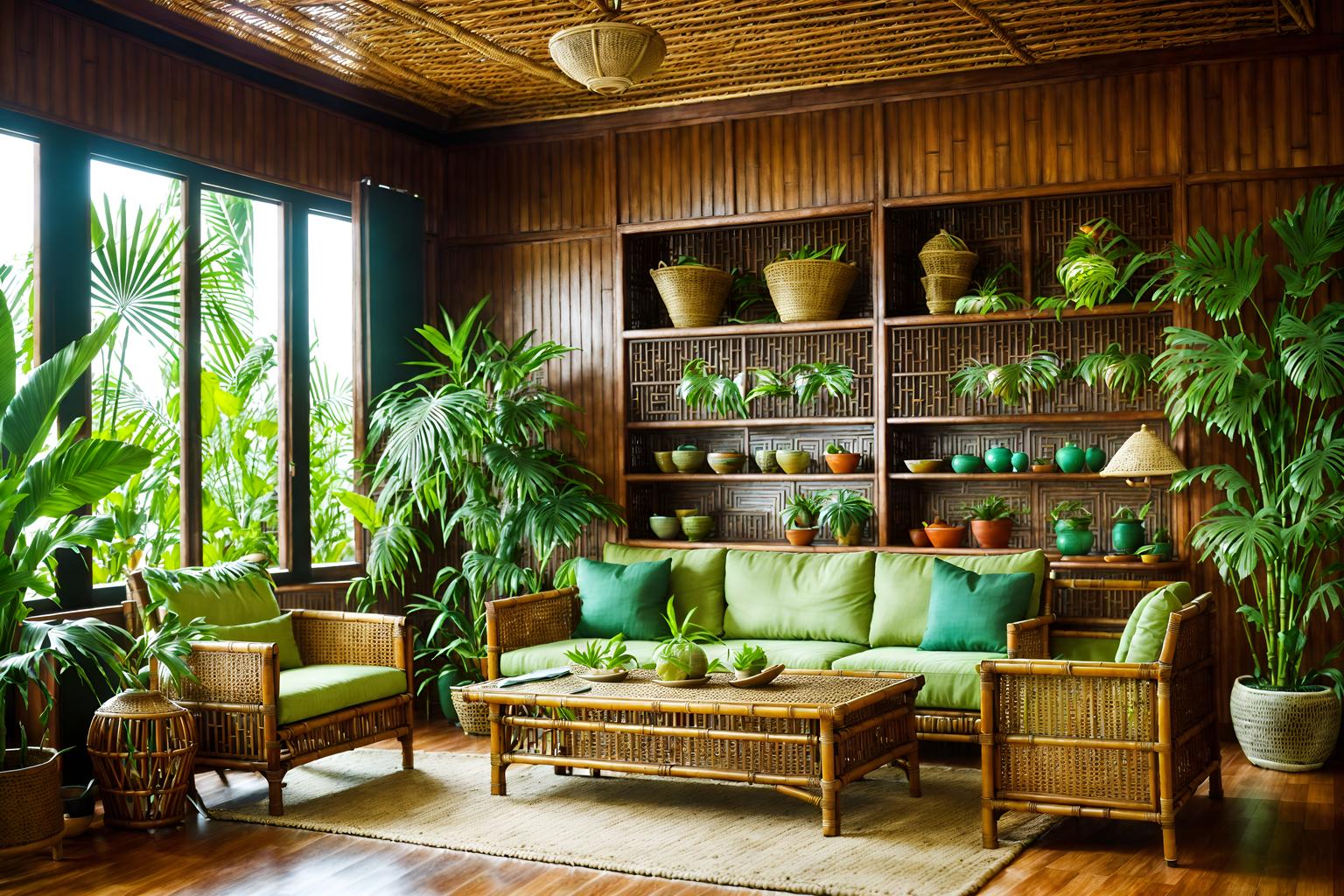 tropical-style (kitchen living combo interior) with plant and sofa and bookshelves and kitchen cabinets and coffee tables and sink and plant and furniture. . with wicker and cane motifs and lattice prints and bamboo and palm trees and teak and palm leaves and rattan. . cinematic photo, highly detailed, cinematic lighting, ultra-detailed, ultrarealistic, photorealism, 8k. tropical interior design style. masterpiece, cinematic light, ultrarealistic+, photorealistic+, 8k, raw photo, realistic, sharp focus on eyes, (symmetrical eyes), (intact eyes), hyperrealistic, highest quality, best quality, , highly detailed, masterpiece, best quality, extremely detailed 8k wallpaper, masterpiece, best quality, ultra-detailed, best shadow, detailed background, detailed face, detailed eyes, high contrast, best illumination, detailed face, dulux, caustic, dynamic angle, detailed glow. dramatic lighting. highly detailed, insanely detailed hair, symmetrical, intricate details, professionally retouched, 8k high definition. strong bokeh. award winning photo.