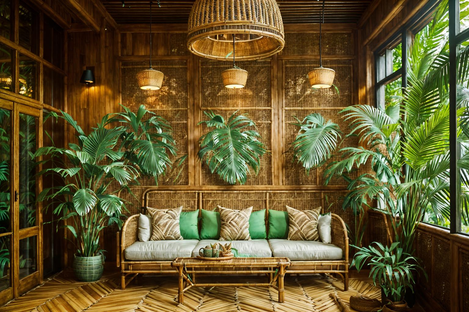 tropical-style (coffee shop interior) . with wicker and palm leaves and cane motifs and lattice prints and palm trees and rattan and teak and bamboo. . cinematic photo, highly detailed, cinematic lighting, ultra-detailed, ultrarealistic, photorealism, 8k. tropical interior design style. masterpiece, cinematic light, ultrarealistic+, photorealistic+, 8k, raw photo, realistic, sharp focus on eyes, (symmetrical eyes), (intact eyes), hyperrealistic, highest quality, best quality, , highly detailed, masterpiece, best quality, extremely detailed 8k wallpaper, masterpiece, best quality, ultra-detailed, best shadow, detailed background, detailed face, detailed eyes, high contrast, best illumination, detailed face, dulux, caustic, dynamic angle, detailed glow. dramatic lighting. highly detailed, insanely detailed hair, symmetrical, intricate details, professionally retouched, 8k high definition. strong bokeh. award winning photo.