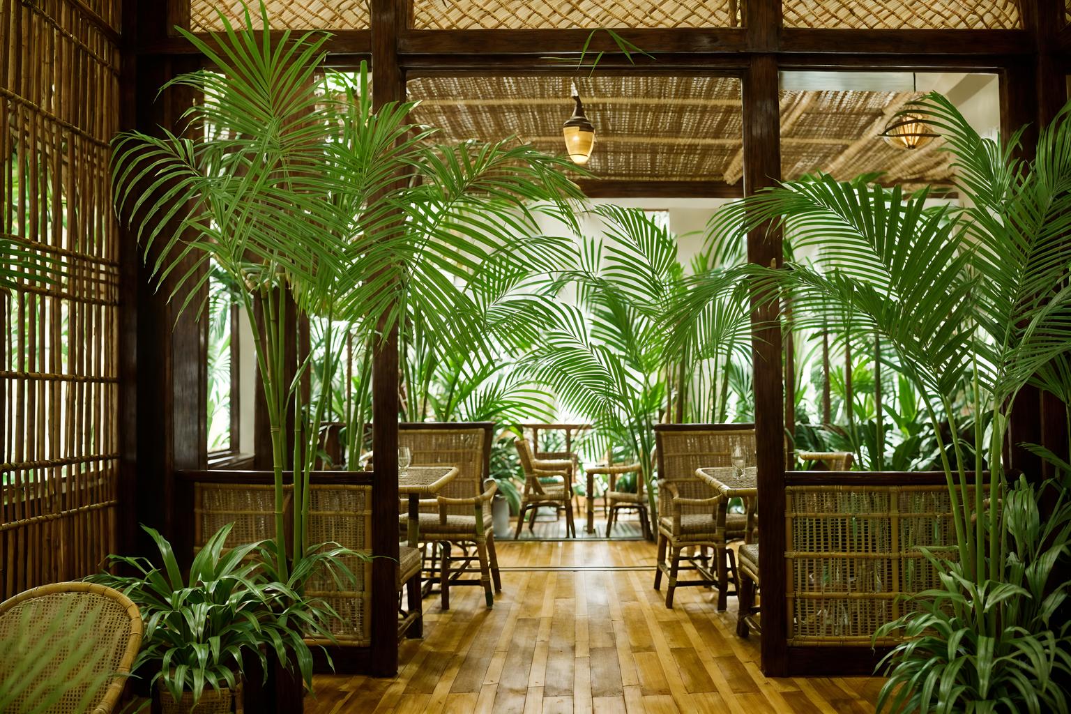 tropical-style (coffee shop interior) . with wicker and palm leaves and cane motifs and lattice prints and palm trees and rattan and teak and bamboo. . cinematic photo, highly detailed, cinematic lighting, ultra-detailed, ultrarealistic, photorealism, 8k. tropical interior design style. masterpiece, cinematic light, ultrarealistic+, photorealistic+, 8k, raw photo, realistic, sharp focus on eyes, (symmetrical eyes), (intact eyes), hyperrealistic, highest quality, best quality, , highly detailed, masterpiece, best quality, extremely detailed 8k wallpaper, masterpiece, best quality, ultra-detailed, best shadow, detailed background, detailed face, detailed eyes, high contrast, best illumination, detailed face, dulux, caustic, dynamic angle, detailed glow. dramatic lighting. highly detailed, insanely detailed hair, symmetrical, intricate details, professionally retouched, 8k high definition. strong bokeh. award winning photo.