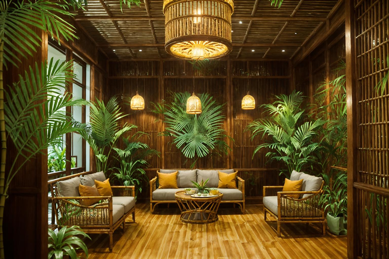 tropical-style (coffee shop interior) . with wicker and palm leaves and cane motifs and lattice prints and palm trees and rattan and teak and bamboo. . cinematic photo, highly detailed, cinematic lighting, ultra-detailed, ultrarealistic, photorealism, 8k. tropical interior design style. masterpiece, cinematic light, ultrarealistic+, photorealistic+, 8k, raw photo, realistic, sharp focus on eyes, (symmetrical eyes), (intact eyes), hyperrealistic, highest quality, best quality, , highly detailed, masterpiece, best quality, extremely detailed 8k wallpaper, masterpiece, best quality, ultra-detailed, best shadow, detailed background, detailed face, detailed eyes, high contrast, best illumination, detailed face, dulux, caustic, dynamic angle, detailed glow. dramatic lighting. highly detailed, insanely detailed hair, symmetrical, intricate details, professionally retouched, 8k high definition. strong bokeh. award winning photo.