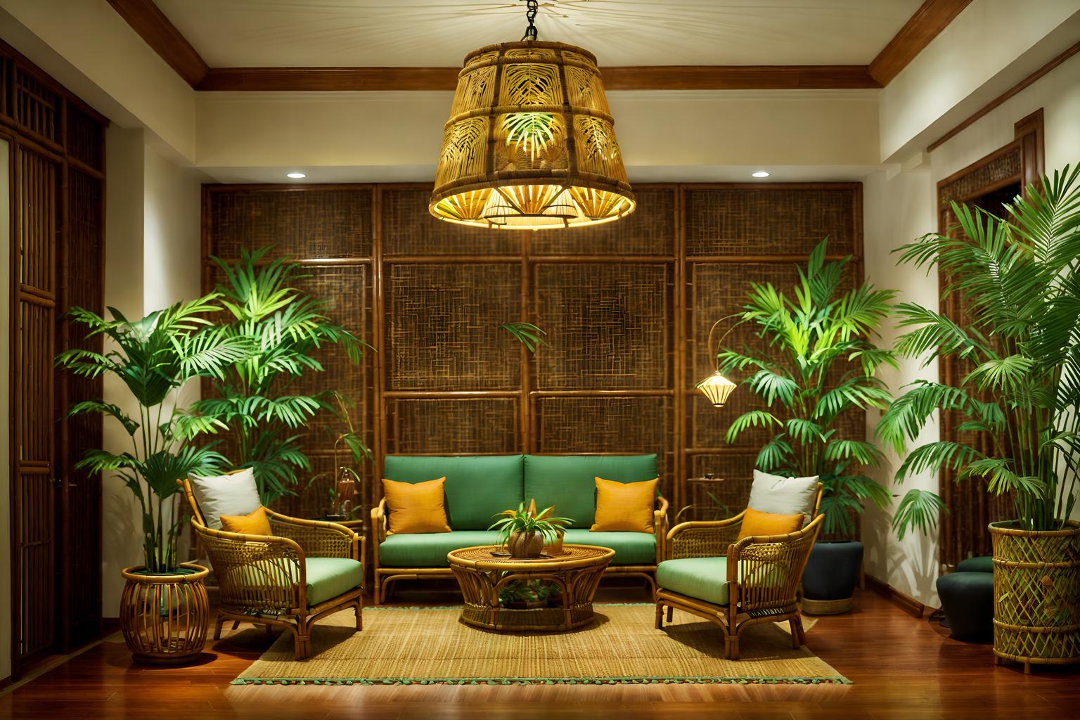 tropical-style (hotel lobby interior) with hanging lamps and sofas and plant and check in desk and rug and coffee tables and lounge chairs and furniture. . with wicker and palm trees and teak and lattice prints and cane motifs and rattan and palm leaves and bamboo. . cinematic photo, highly detailed, cinematic lighting, ultra-detailed, ultrarealistic, photorealism, 8k. tropical interior design style. masterpiece, cinematic light, ultrarealistic+, photorealistic+, 8k, raw photo, realistic, sharp focus on eyes, (symmetrical eyes), (intact eyes), hyperrealistic, highest quality, best quality, , highly detailed, masterpiece, best quality, extremely detailed 8k wallpaper, masterpiece, best quality, ultra-detailed, best shadow, detailed background, detailed face, detailed eyes, high contrast, best illumination, detailed face, dulux, caustic, dynamic angle, detailed glow. dramatic lighting. highly detailed, insanely detailed hair, symmetrical, intricate details, professionally retouched, 8k high definition. strong bokeh. award winning photo.