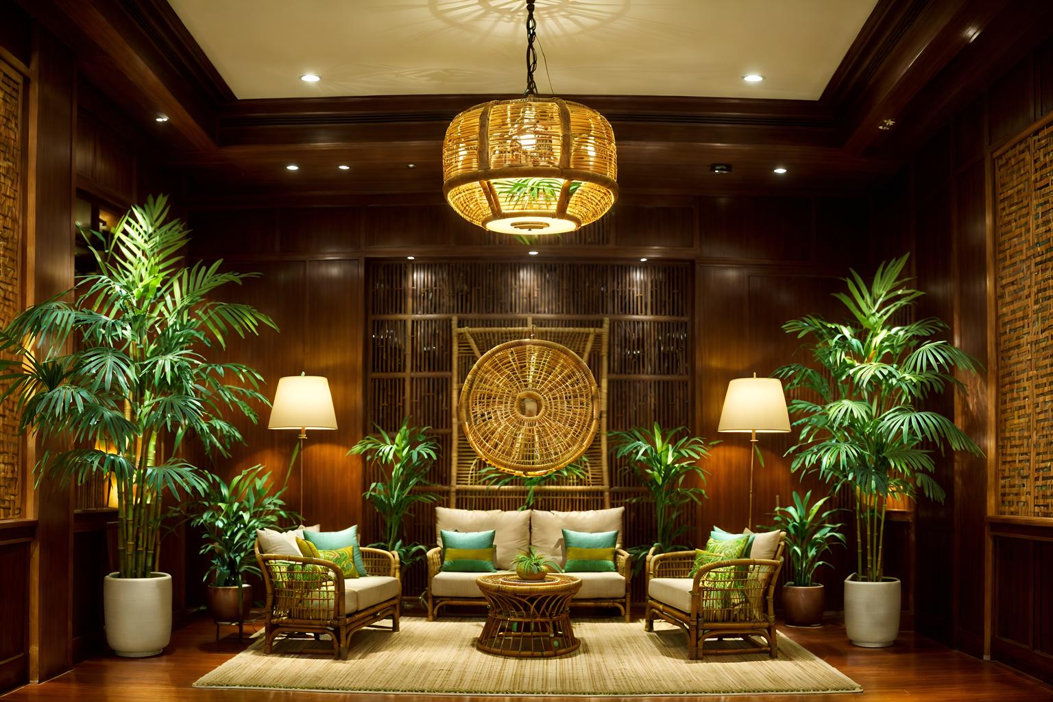 tropical-style (hotel lobby interior) with hanging lamps and sofas and plant and check in desk and rug and coffee tables and lounge chairs and furniture. . with wicker and palm trees and teak and lattice prints and cane motifs and rattan and palm leaves and bamboo. . cinematic photo, highly detailed, cinematic lighting, ultra-detailed, ultrarealistic, photorealism, 8k. tropical interior design style. masterpiece, cinematic light, ultrarealistic+, photorealistic+, 8k, raw photo, realistic, sharp focus on eyes, (symmetrical eyes), (intact eyes), hyperrealistic, highest quality, best quality, , highly detailed, masterpiece, best quality, extremely detailed 8k wallpaper, masterpiece, best quality, ultra-detailed, best shadow, detailed background, detailed face, detailed eyes, high contrast, best illumination, detailed face, dulux, caustic, dynamic angle, detailed glow. dramatic lighting. highly detailed, insanely detailed hair, symmetrical, intricate details, professionally retouched, 8k high definition. strong bokeh. award winning photo.