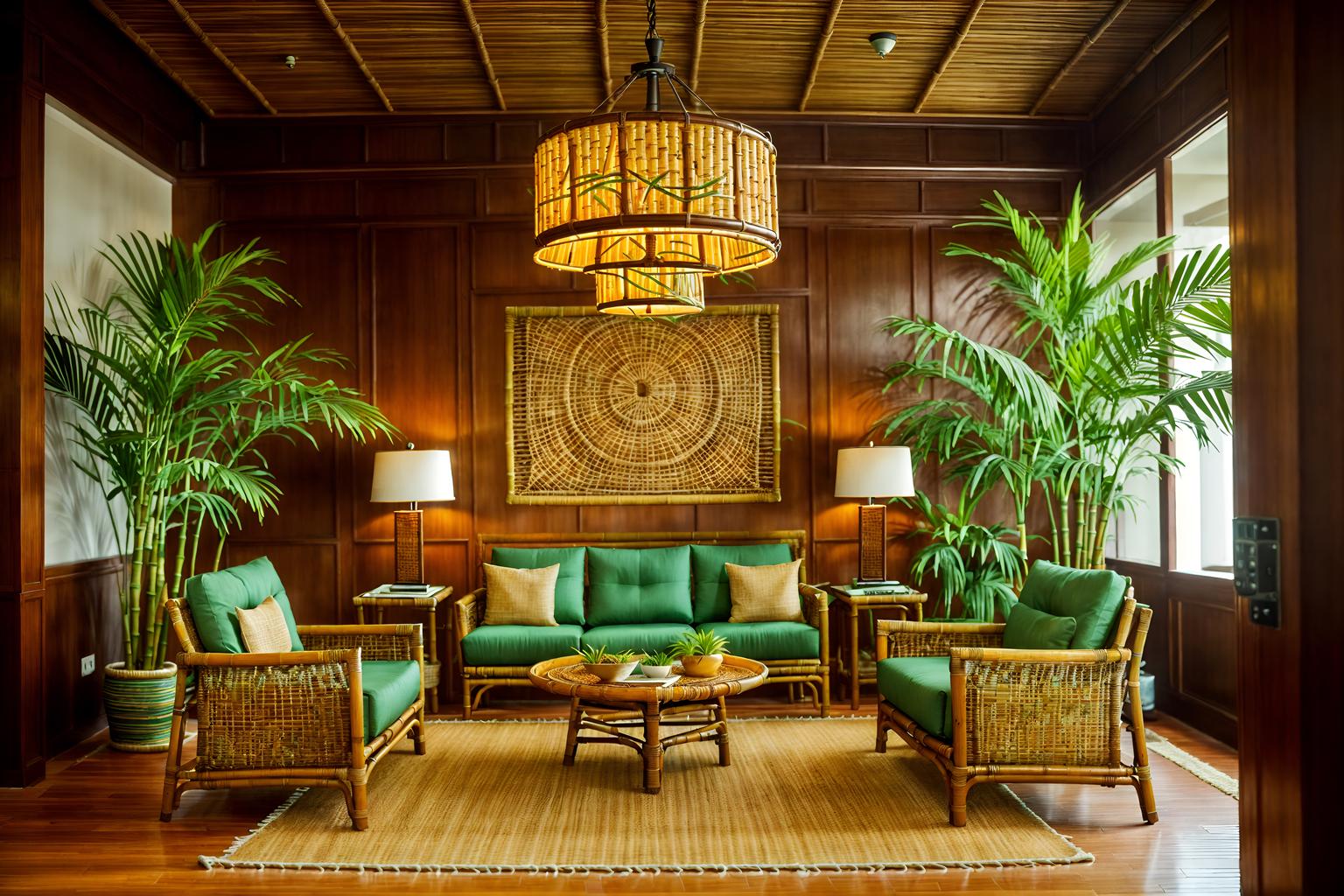 tropical-style (hotel lobby interior) with hanging lamps and sofas and plant and check in desk and rug and coffee tables and lounge chairs and furniture. . with wicker and palm trees and teak and lattice prints and cane motifs and rattan and palm leaves and bamboo. . cinematic photo, highly detailed, cinematic lighting, ultra-detailed, ultrarealistic, photorealism, 8k. tropical interior design style. masterpiece, cinematic light, ultrarealistic+, photorealistic+, 8k, raw photo, realistic, sharp focus on eyes, (symmetrical eyes), (intact eyes), hyperrealistic, highest quality, best quality, , highly detailed, masterpiece, best quality, extremely detailed 8k wallpaper, masterpiece, best quality, ultra-detailed, best shadow, detailed background, detailed face, detailed eyes, high contrast, best illumination, detailed face, dulux, caustic, dynamic angle, detailed glow. dramatic lighting. highly detailed, insanely detailed hair, symmetrical, intricate details, professionally retouched, 8k high definition. strong bokeh. award winning photo.