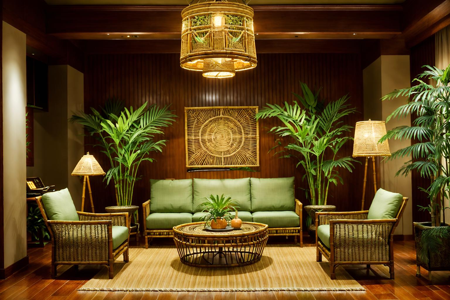 tropical-style (hotel lobby interior) with hanging lamps and sofas and plant and check in desk and rug and coffee tables and lounge chairs and furniture. . with wicker and palm trees and teak and lattice prints and cane motifs and rattan and palm leaves and bamboo. . cinematic photo, highly detailed, cinematic lighting, ultra-detailed, ultrarealistic, photorealism, 8k. tropical interior design style. masterpiece, cinematic light, ultrarealistic+, photorealistic+, 8k, raw photo, realistic, sharp focus on eyes, (symmetrical eyes), (intact eyes), hyperrealistic, highest quality, best quality, , highly detailed, masterpiece, best quality, extremely detailed 8k wallpaper, masterpiece, best quality, ultra-detailed, best shadow, detailed background, detailed face, detailed eyes, high contrast, best illumination, detailed face, dulux, caustic, dynamic angle, detailed glow. dramatic lighting. highly detailed, insanely detailed hair, symmetrical, intricate details, professionally retouched, 8k high definition. strong bokeh. award winning photo.