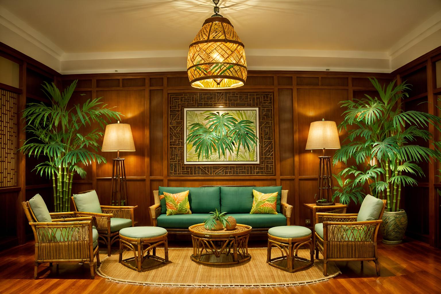 tropical-style (hotel lobby interior) with hanging lamps and sofas and plant and check in desk and rug and coffee tables and lounge chairs and furniture. . with wicker and palm trees and teak and lattice prints and cane motifs and rattan and palm leaves and bamboo. . cinematic photo, highly detailed, cinematic lighting, ultra-detailed, ultrarealistic, photorealism, 8k. tropical interior design style. masterpiece, cinematic light, ultrarealistic+, photorealistic+, 8k, raw photo, realistic, sharp focus on eyes, (symmetrical eyes), (intact eyes), hyperrealistic, highest quality, best quality, , highly detailed, masterpiece, best quality, extremely detailed 8k wallpaper, masterpiece, best quality, ultra-detailed, best shadow, detailed background, detailed face, detailed eyes, high contrast, best illumination, detailed face, dulux, caustic, dynamic angle, detailed glow. dramatic lighting. highly detailed, insanely detailed hair, symmetrical, intricate details, professionally retouched, 8k high definition. strong bokeh. award winning photo.