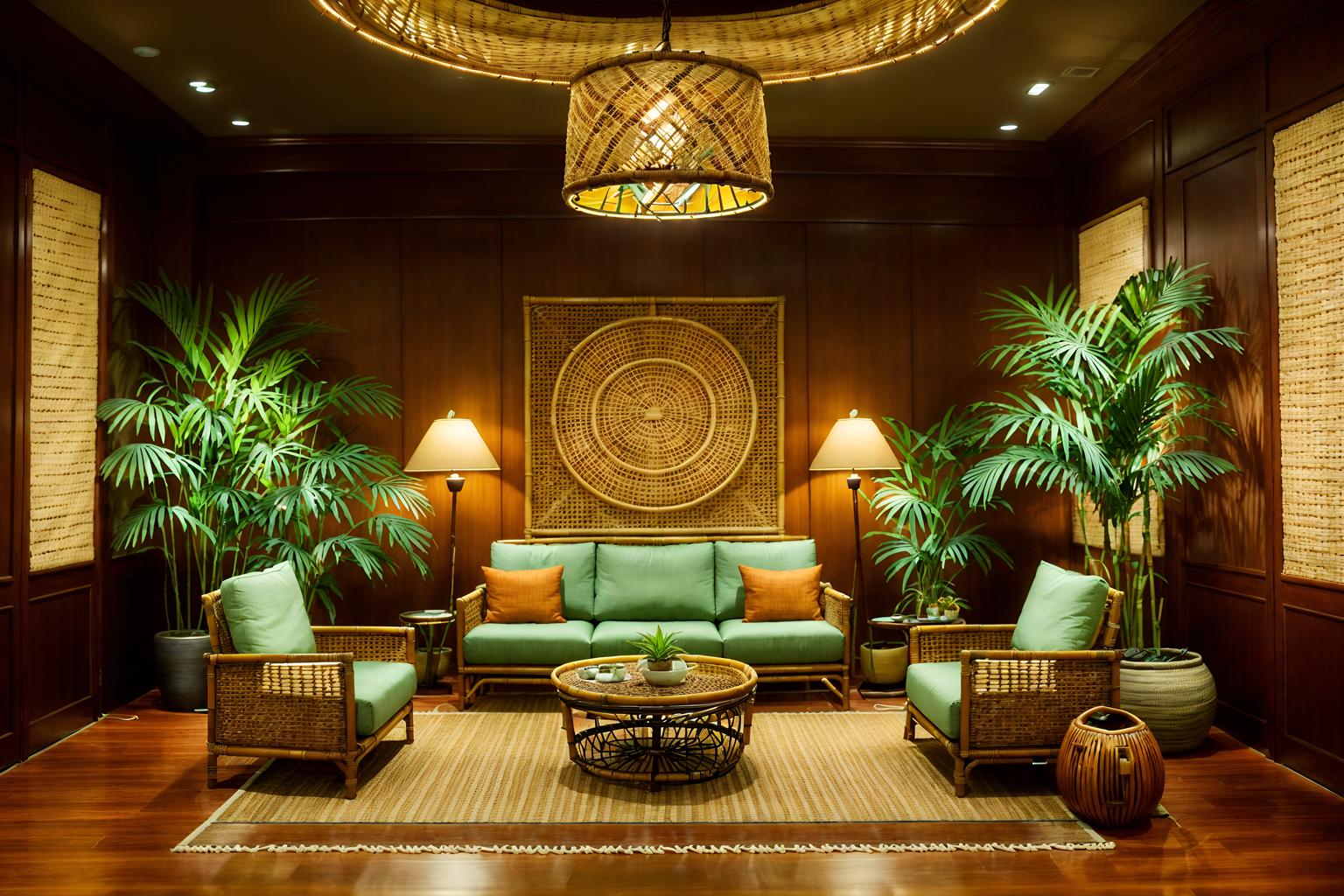tropical-style (hotel lobby interior) with hanging lamps and sofas and plant and check in desk and rug and coffee tables and lounge chairs and furniture. . with wicker and palm trees and teak and lattice prints and cane motifs and rattan and palm leaves and bamboo. . cinematic photo, highly detailed, cinematic lighting, ultra-detailed, ultrarealistic, photorealism, 8k. tropical interior design style. masterpiece, cinematic light, ultrarealistic+, photorealistic+, 8k, raw photo, realistic, sharp focus on eyes, (symmetrical eyes), (intact eyes), hyperrealistic, highest quality, best quality, , highly detailed, masterpiece, best quality, extremely detailed 8k wallpaper, masterpiece, best quality, ultra-detailed, best shadow, detailed background, detailed face, detailed eyes, high contrast, best illumination, detailed face, dulux, caustic, dynamic angle, detailed glow. dramatic lighting. highly detailed, insanely detailed hair, symmetrical, intricate details, professionally retouched, 8k high definition. strong bokeh. award winning photo.
