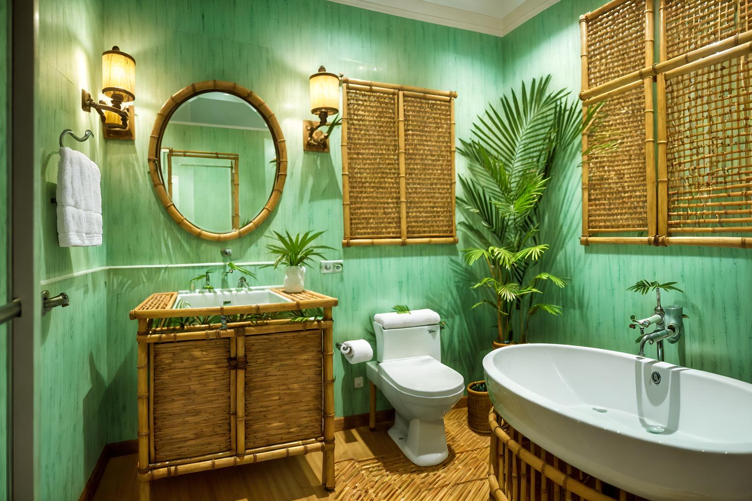 tropical-style (hotel bathroom interior) with bathroom cabinet and mirror and bathroom sink with faucet and bath towel and bathtub and shower and toilet seat and plant. . with cane motifs and rattan and lattice prints and wicker and teak and palm leaves and palm trees and bamboo. . cinematic photo, highly detailed, cinematic lighting, ultra-detailed, ultrarealistic, photorealism, 8k. tropical interior design style. masterpiece, cinematic light, ultrarealistic+, photorealistic+, 8k, raw photo, realistic, sharp focus on eyes, (symmetrical eyes), (intact eyes), hyperrealistic, highest quality, best quality, , highly detailed, masterpiece, best quality, extremely detailed 8k wallpaper, masterpiece, best quality, ultra-detailed, best shadow, detailed background, detailed face, detailed eyes, high contrast, best illumination, detailed face, dulux, caustic, dynamic angle, detailed glow. dramatic lighting. highly detailed, insanely detailed hair, symmetrical, intricate details, professionally retouched, 8k high definition. strong bokeh. award winning photo.