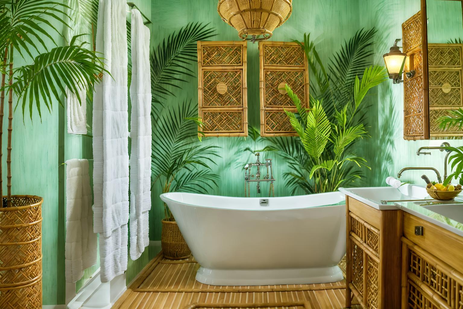 tropical-style (hotel bathroom interior) with bathroom cabinet and mirror and bathroom sink with faucet and bath towel and bathtub and shower and toilet seat and plant. . with cane motifs and rattan and lattice prints and wicker and teak and palm leaves and palm trees and bamboo. . cinematic photo, highly detailed, cinematic lighting, ultra-detailed, ultrarealistic, photorealism, 8k. tropical interior design style. masterpiece, cinematic light, ultrarealistic+, photorealistic+, 8k, raw photo, realistic, sharp focus on eyes, (symmetrical eyes), (intact eyes), hyperrealistic, highest quality, best quality, , highly detailed, masterpiece, best quality, extremely detailed 8k wallpaper, masterpiece, best quality, ultra-detailed, best shadow, detailed background, detailed face, detailed eyes, high contrast, best illumination, detailed face, dulux, caustic, dynamic angle, detailed glow. dramatic lighting. highly detailed, insanely detailed hair, symmetrical, intricate details, professionally retouched, 8k high definition. strong bokeh. award winning photo.